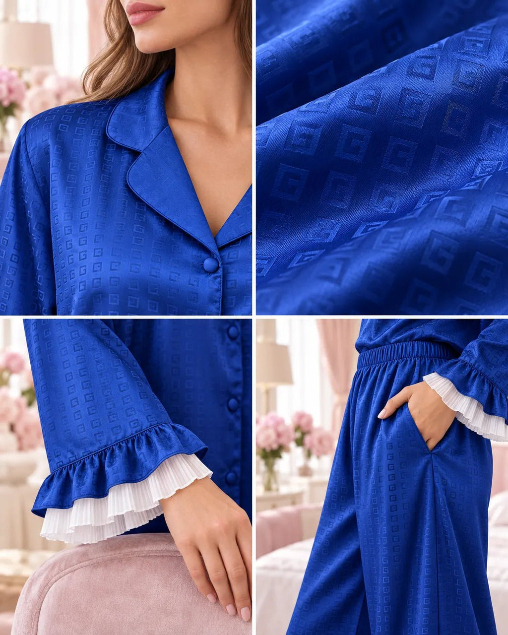 Pyjama Femme Satin Jacquard Fluide Bleu Royal à Volants - La Sprezzatura pyjamas