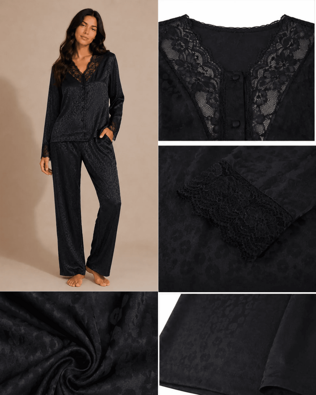 Pyjama Satin Noir Jacquard Dentelle – Ensemble Femme Élégant - La Sprezzatura pyjamas