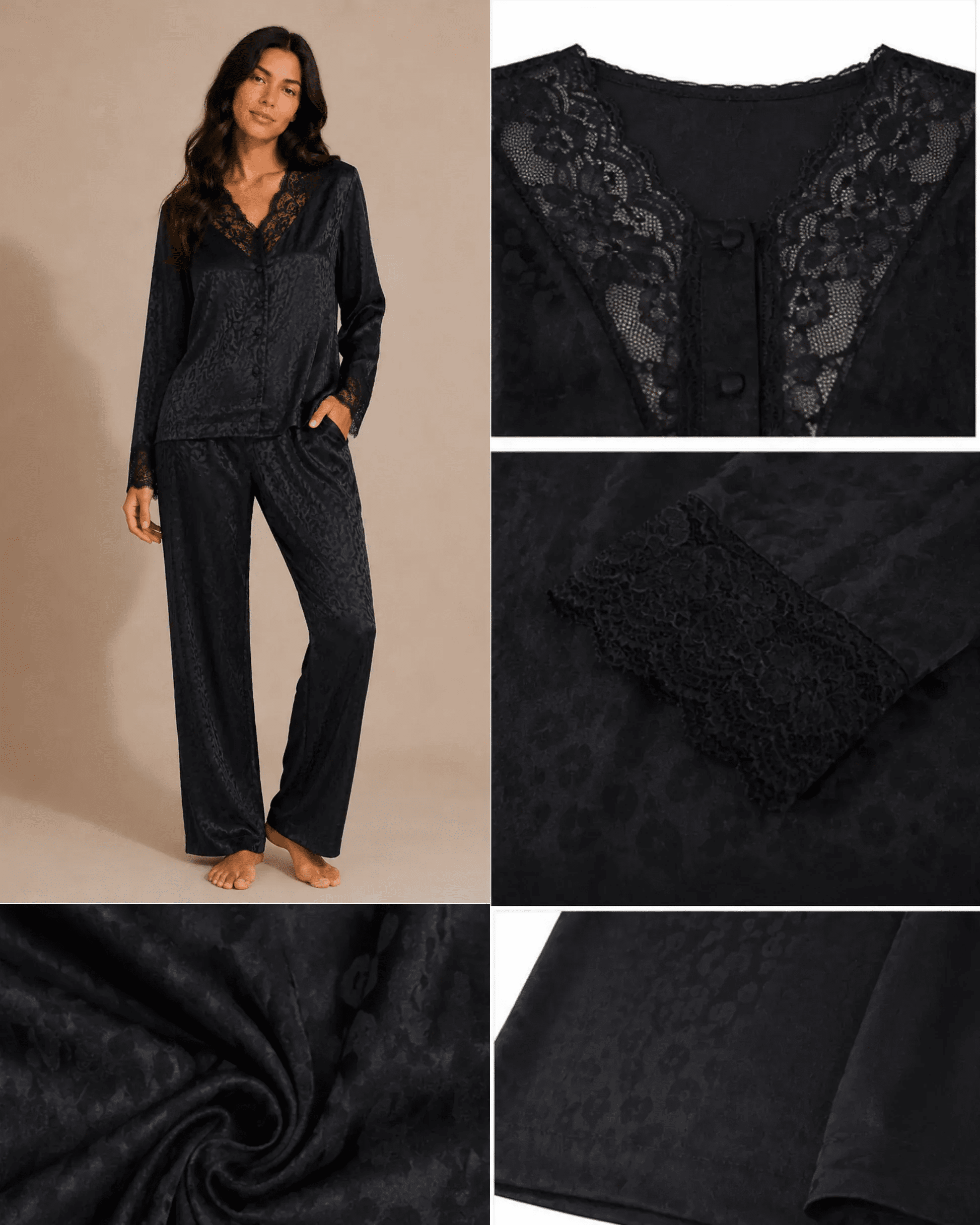 Pyjama Satin Noir Jacquard Dentelle – Ensemble Femme Élégant - La Sprezzatura pyjamas