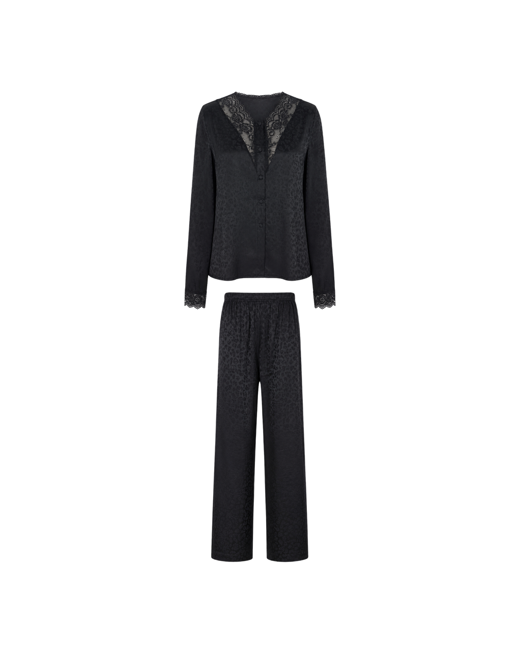 Pyjama Satin Noir Jacquard Dentelle – Ensemble Femme Élégant
