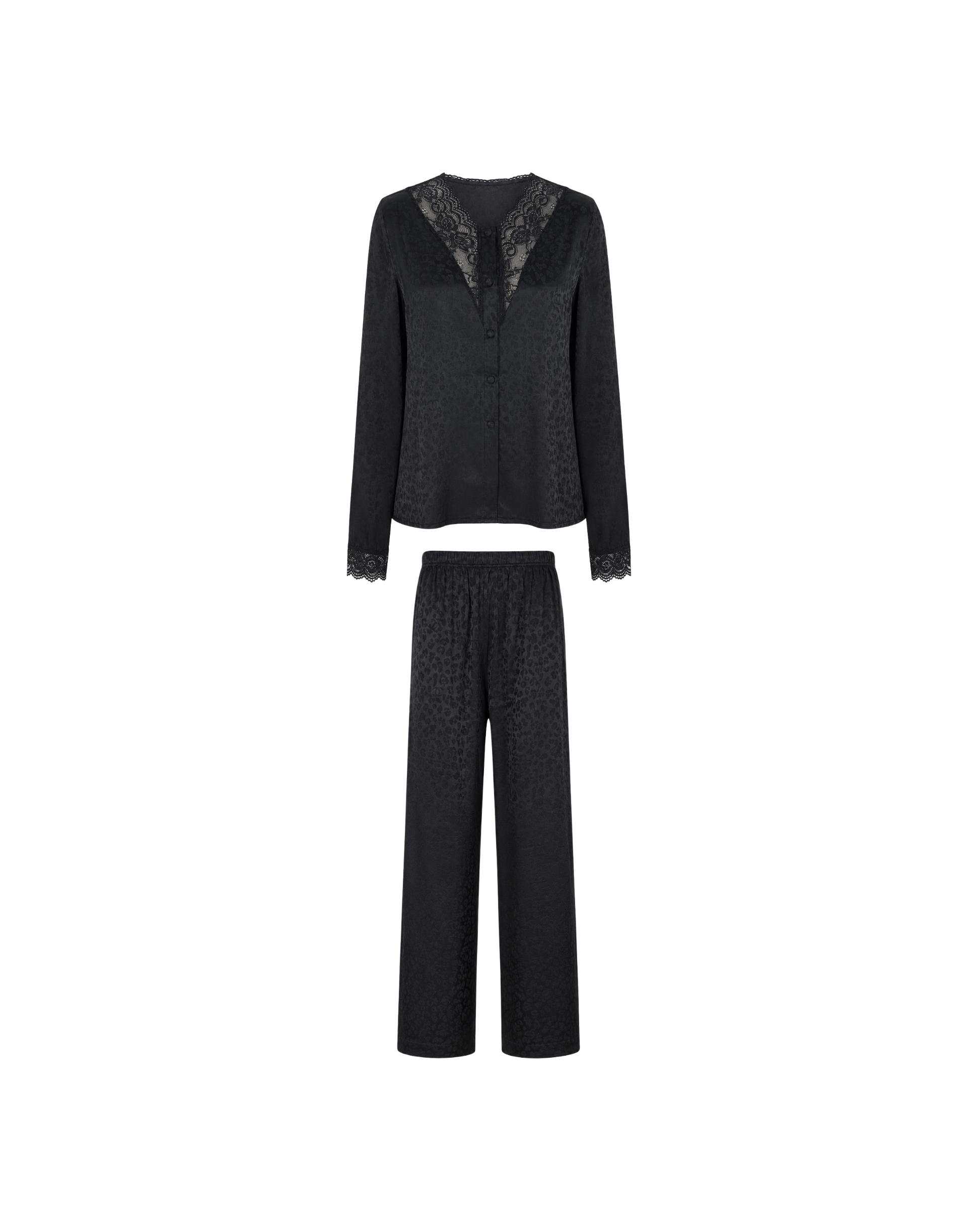 Pyjama Satin Noir Jacquard Dentelle – Ensemble Femme Élégant