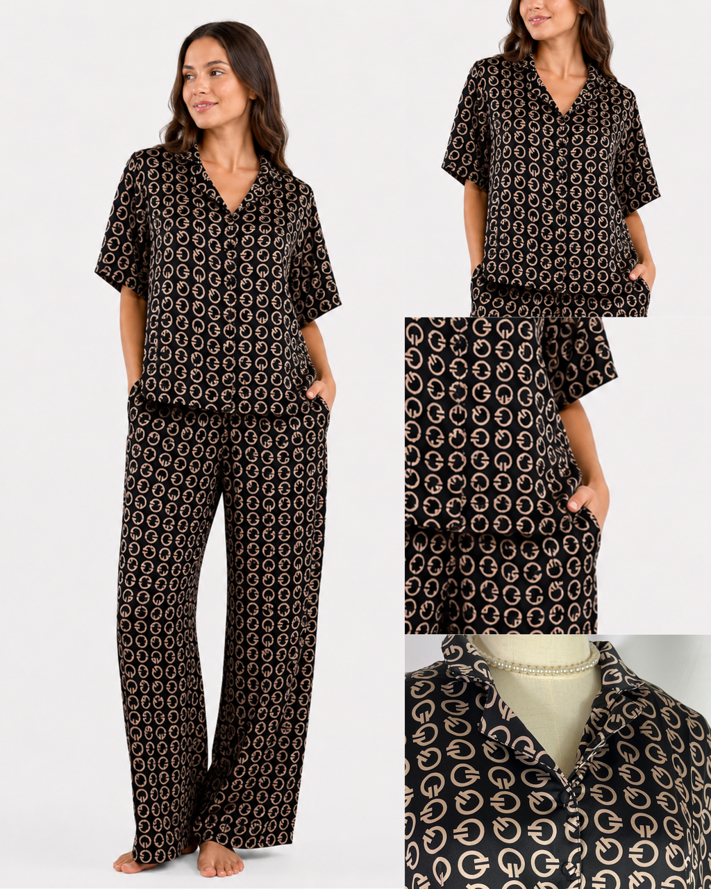 Pyjama Satin Noir Monogramme – Coupe Oversize