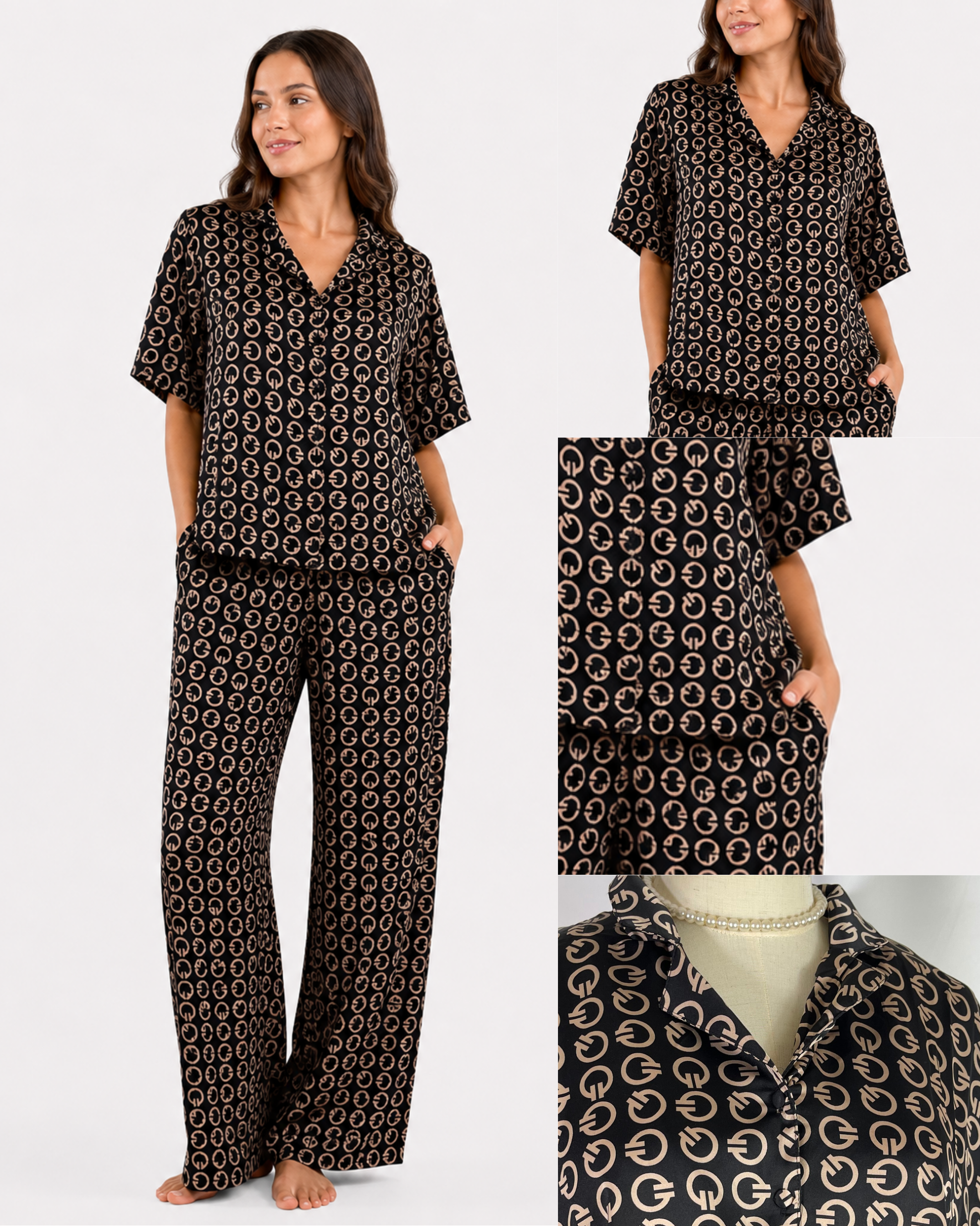 Pyjama Satin Noir Monogramme – Coupe Oversize