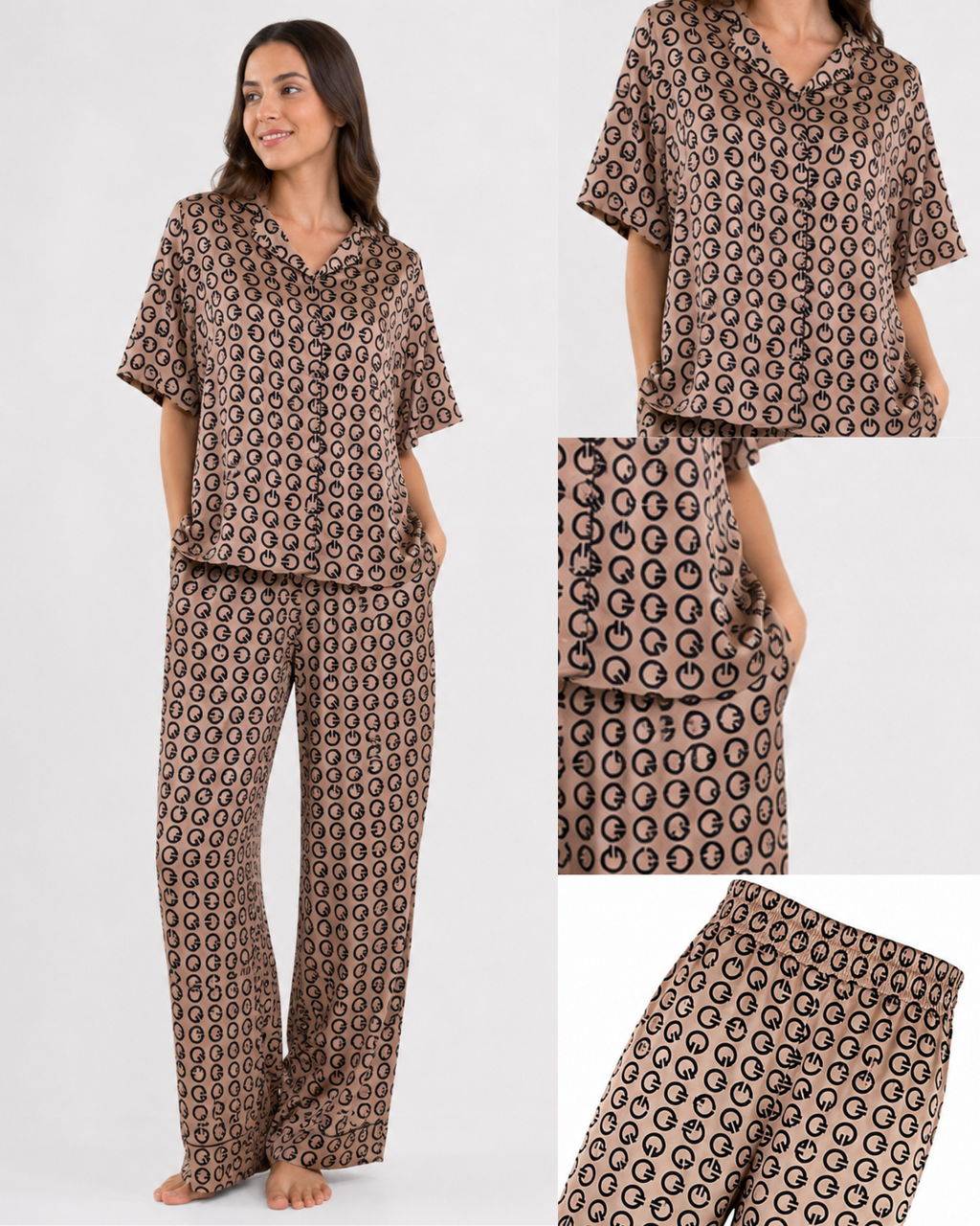 PYJAMA SATIN OVERSIZE MONOGRAMME BEIGE