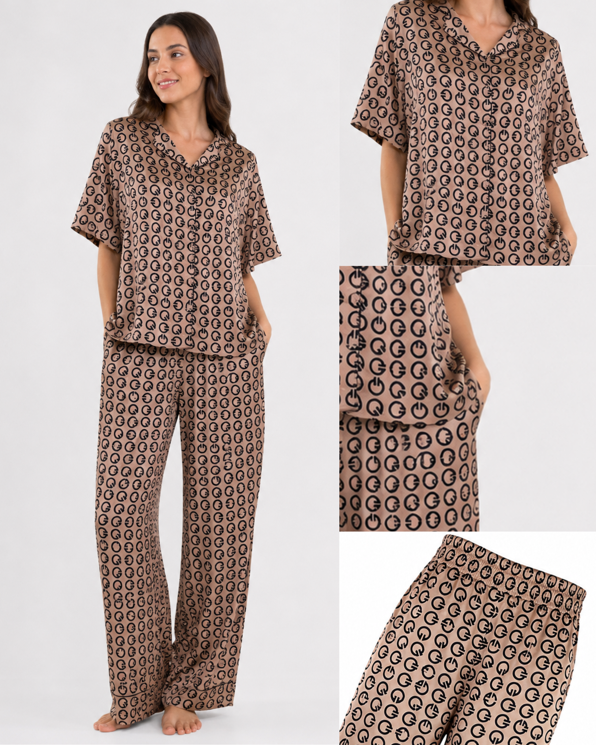 PYJAMA SATIN OVERSIZE MONOGRAMME BEIGE
