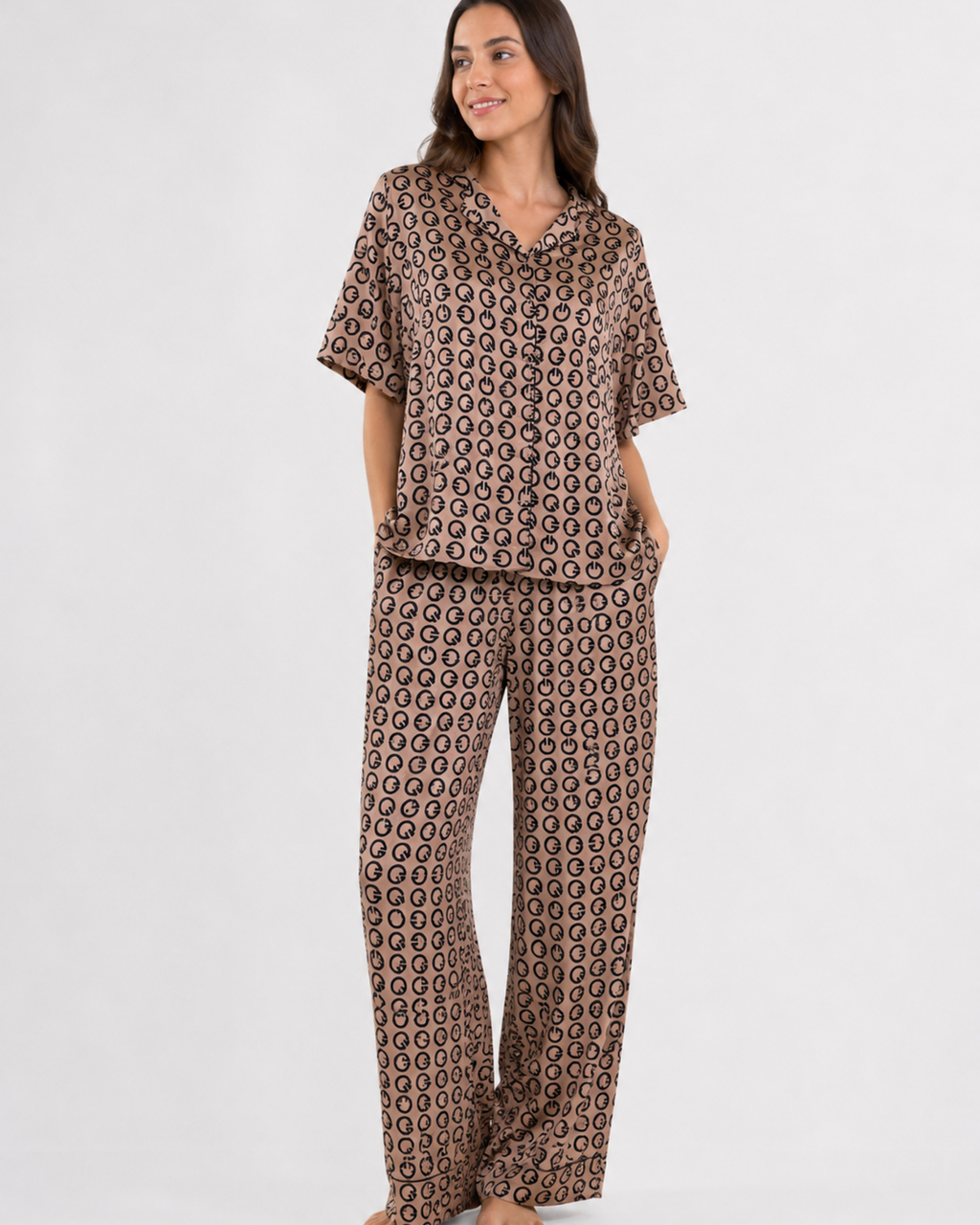 PYJAMA SATIN OVERSIZE MONOGRAMME BEIGE
