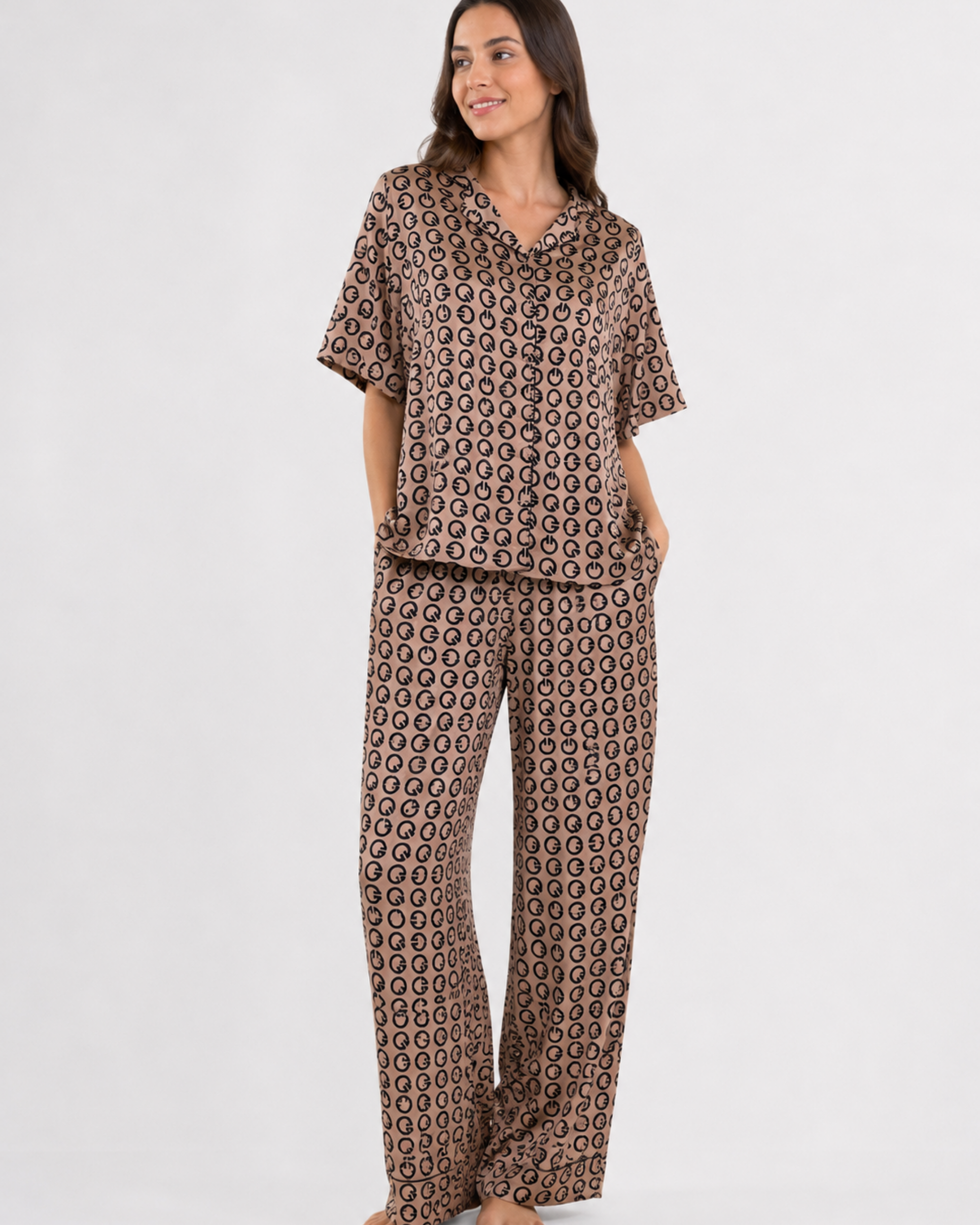 PYJAMA SATIN OVERSIZE MONOGRAMME BEIGE