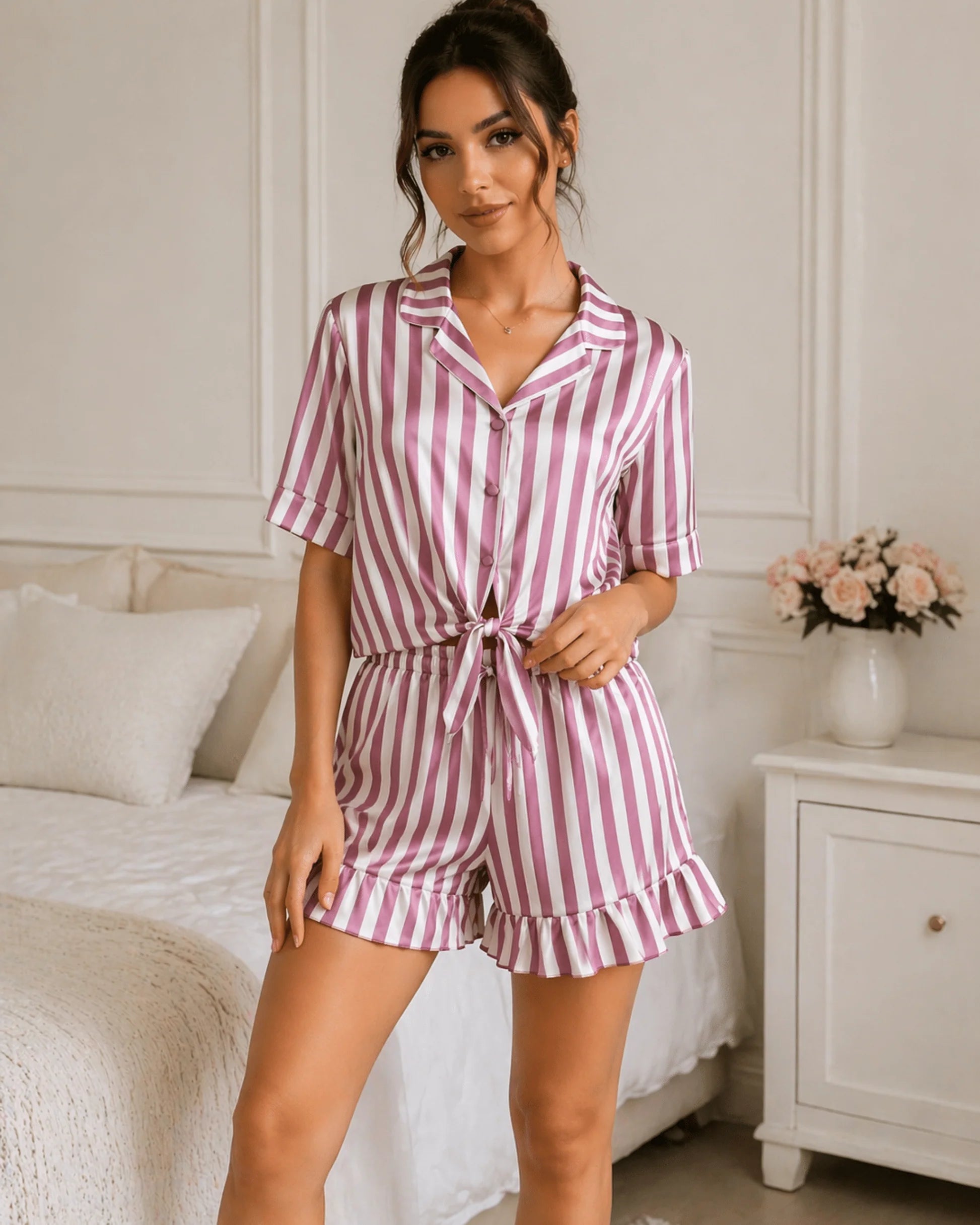 ENSEMBLE PYJAMA SATIN RAYÉ ROSE & BLANC SHORT VOLANTÉ - La Sprezzatura pyjamas