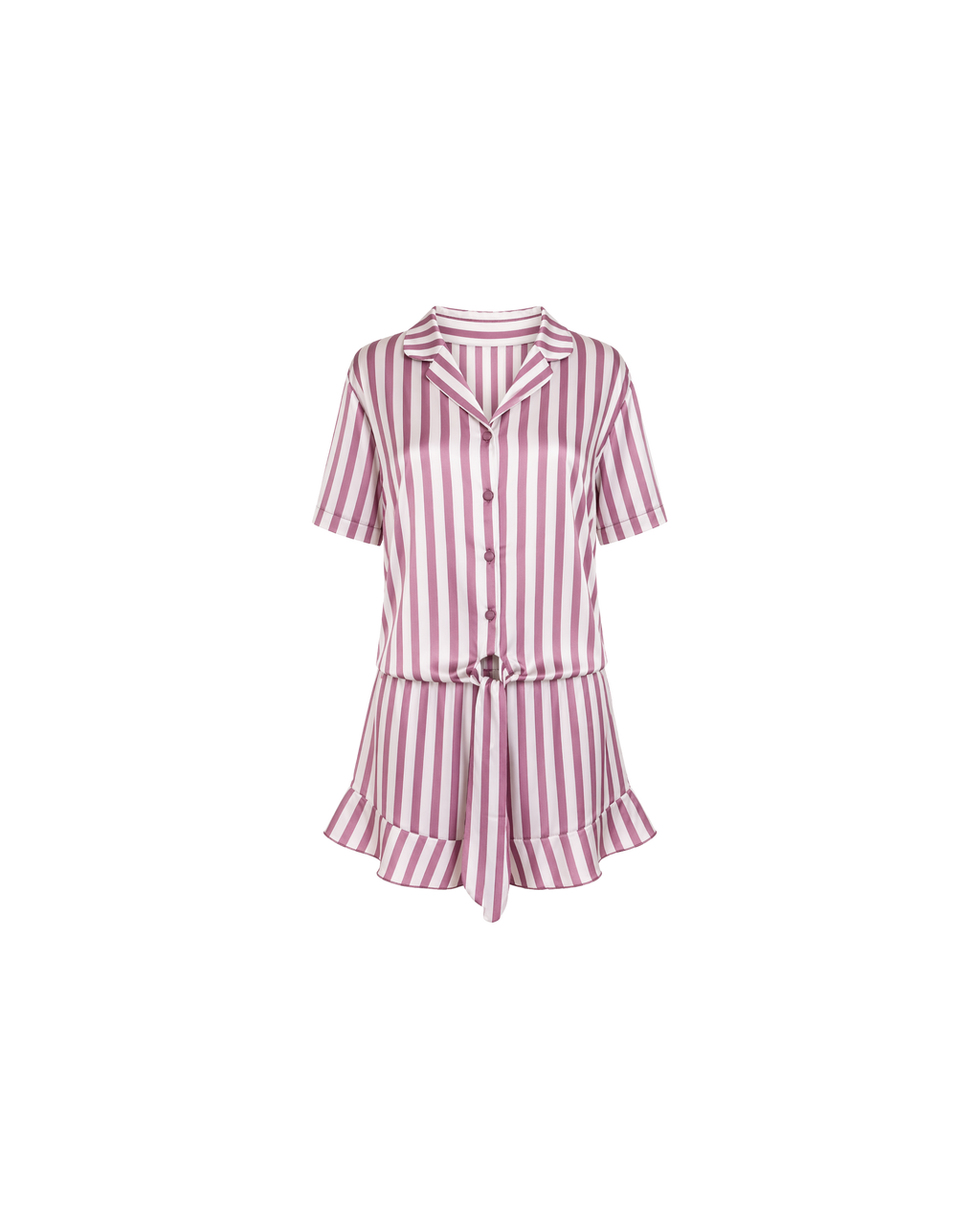 Pyjama satin rayé rose et blanc vue face avec short volanté