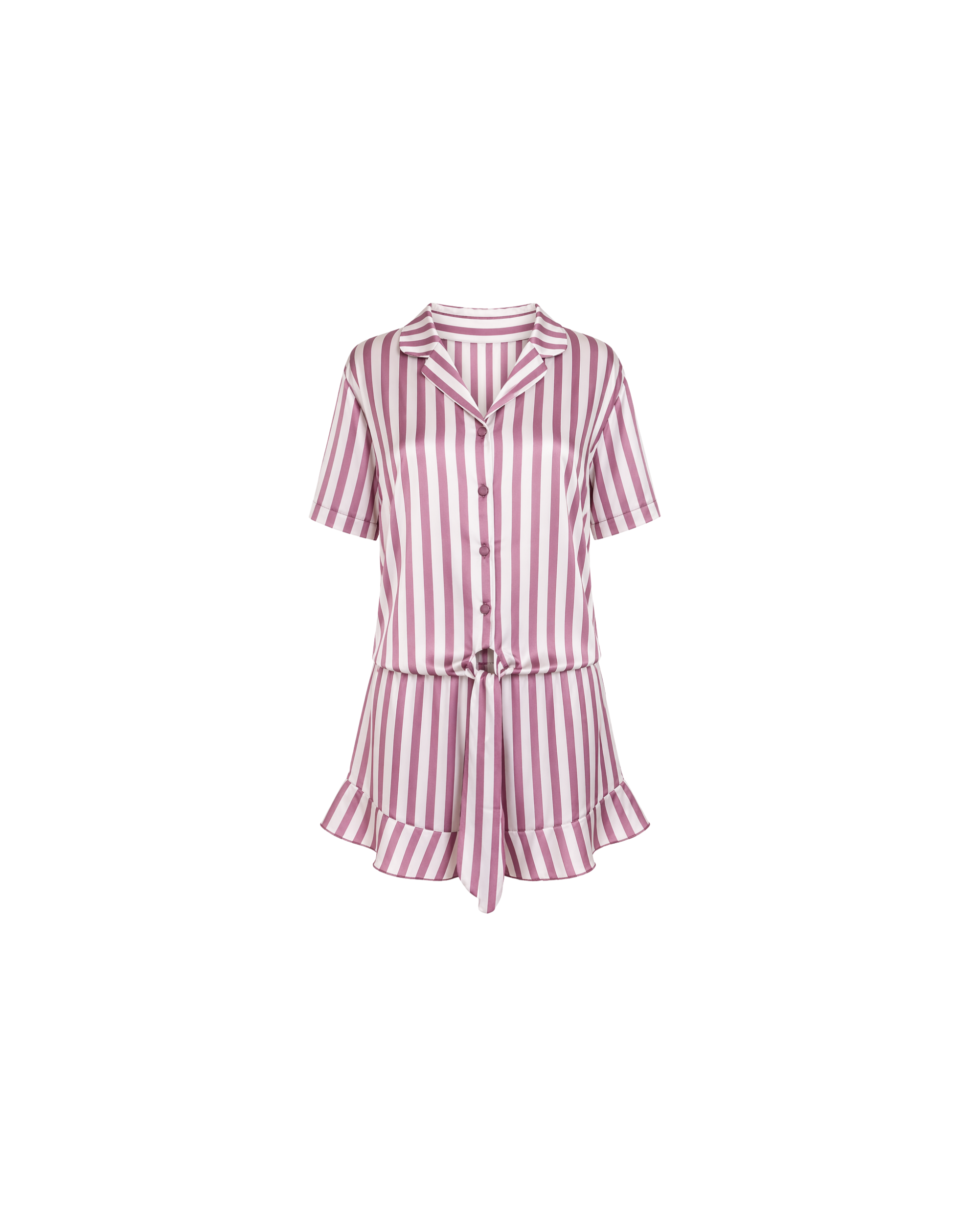 Pyjama satin rayé rose et blanc vue face avec short volanté