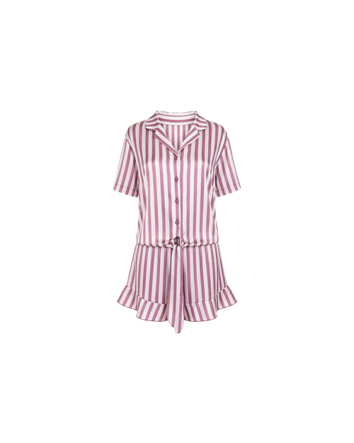Pyjama satin rayé rose et blanc vue face avec short volanté