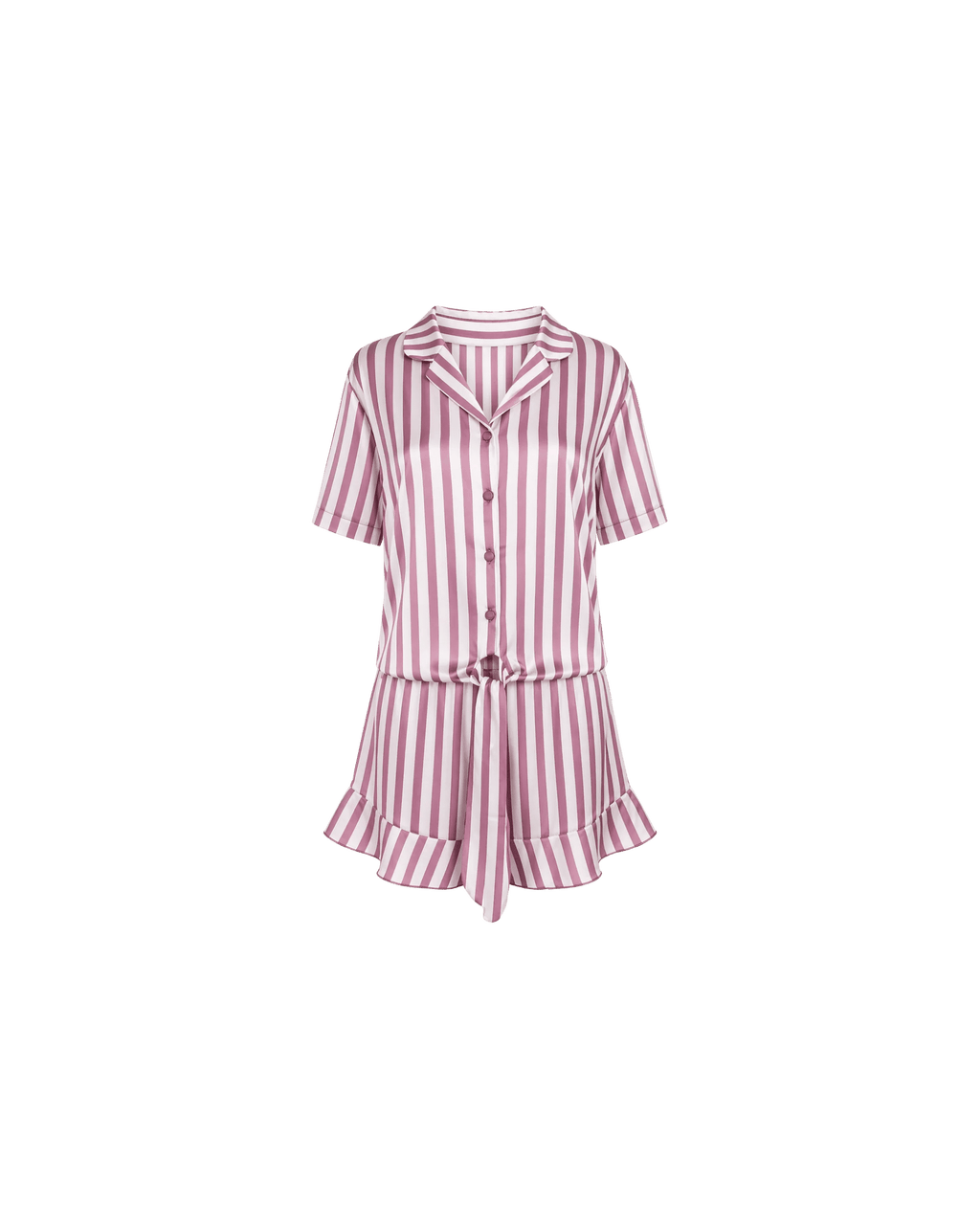 ENSEMBLE PYJAMA SATIN RAYÉ ROSE & BLANC SHORT VOLANTÉ - La Sprezzatura pyjamas