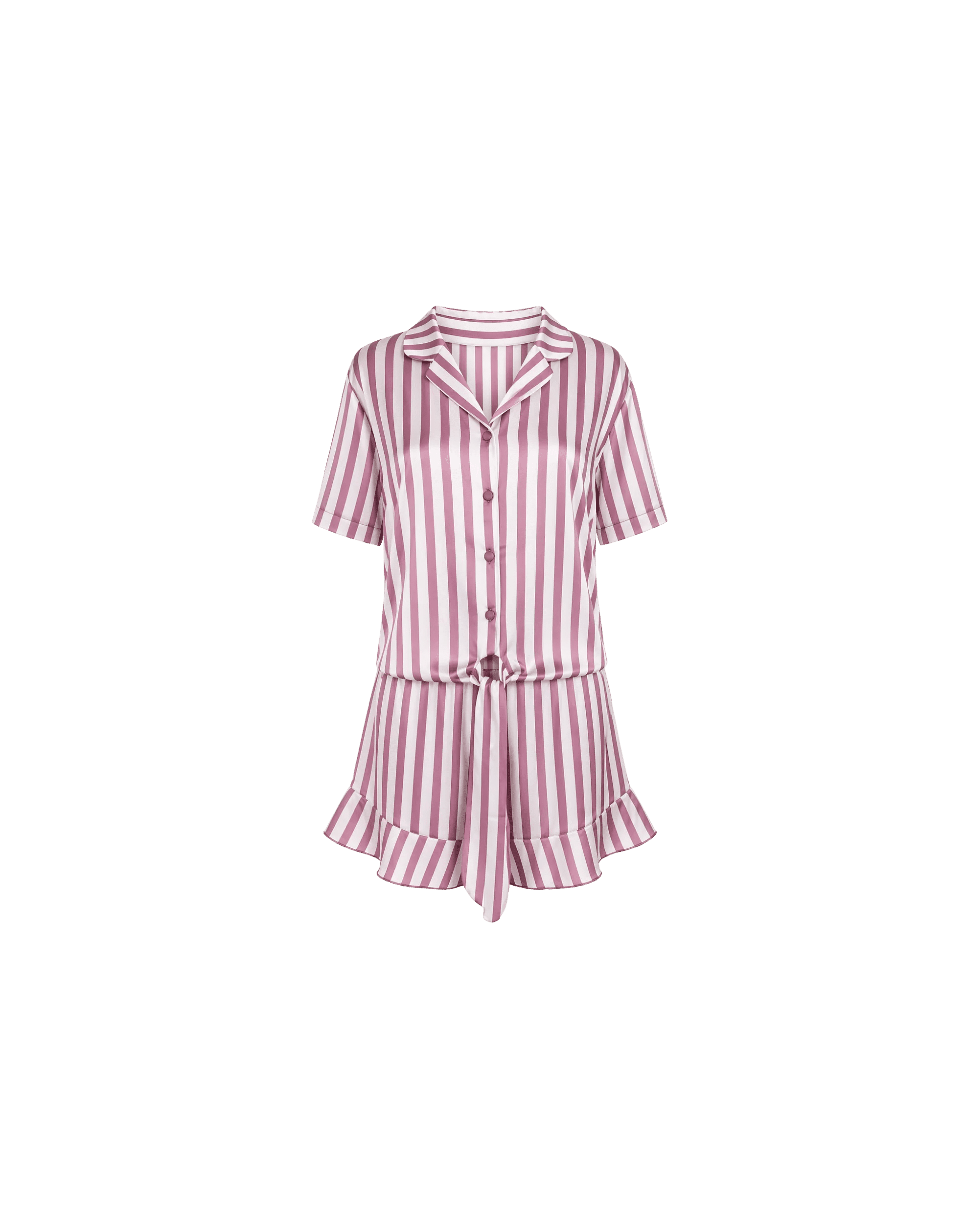 ENSEMBLE PYJAMA SATIN RAYÉ ROSE & BLANC SHORT VOLANTÉ - La Sprezzatura pyjamas