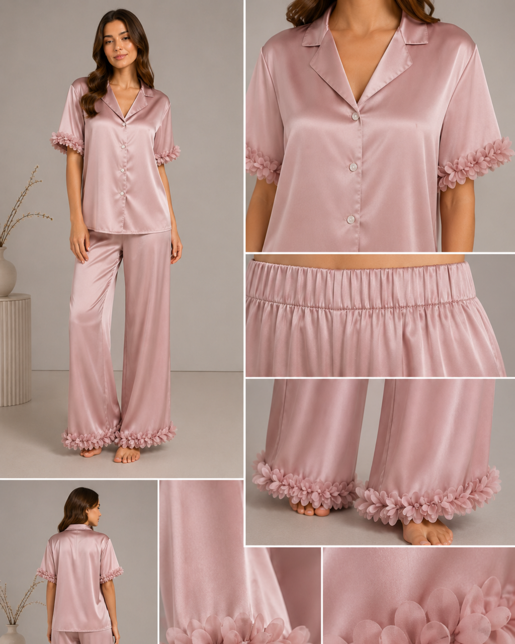 PYJAMA SATIN ROSE POUDRÉ À FINITIONS FLORALES