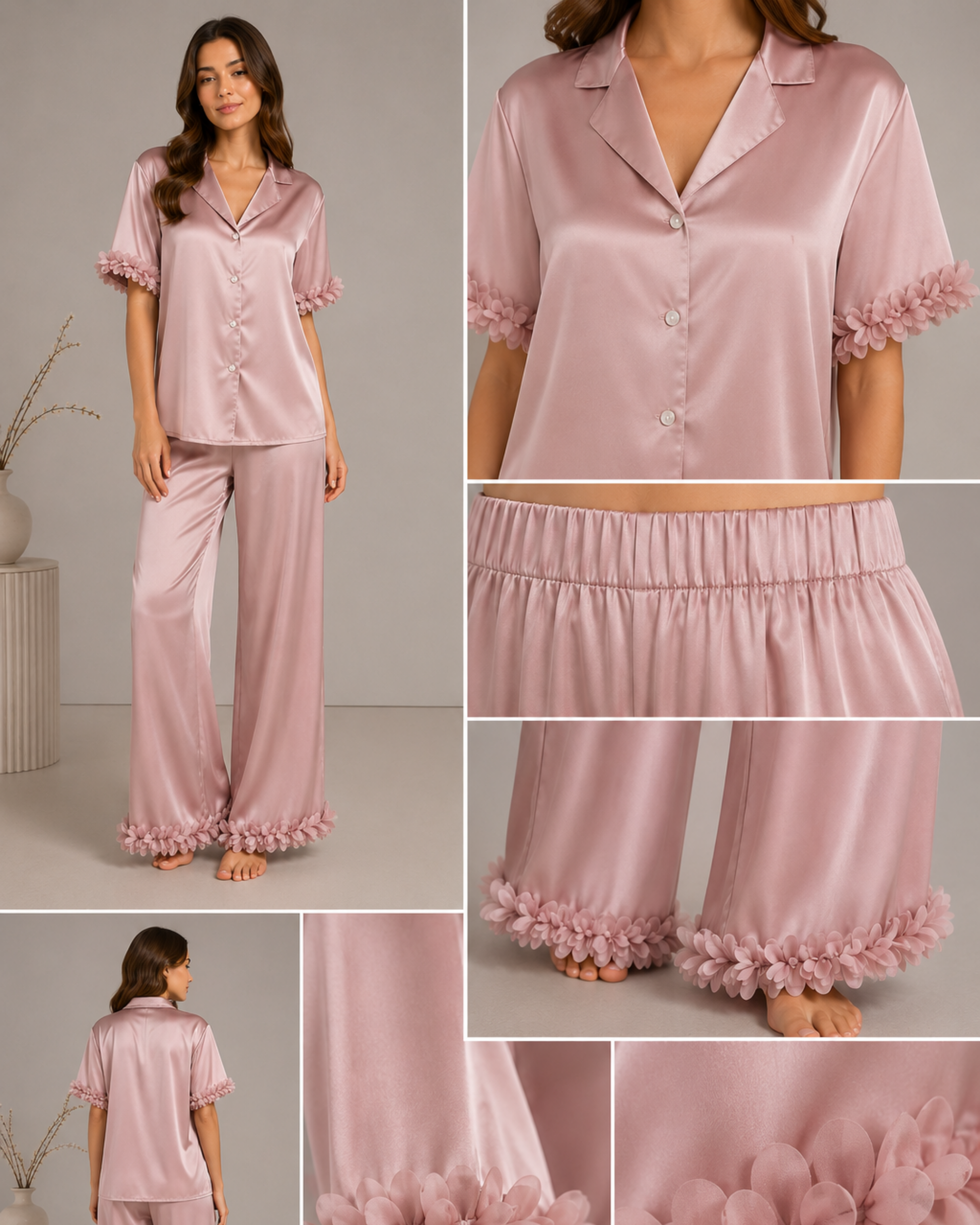 PYJAMA SATIN ROSE POUDRÉ À FINITIONS FLORALES
