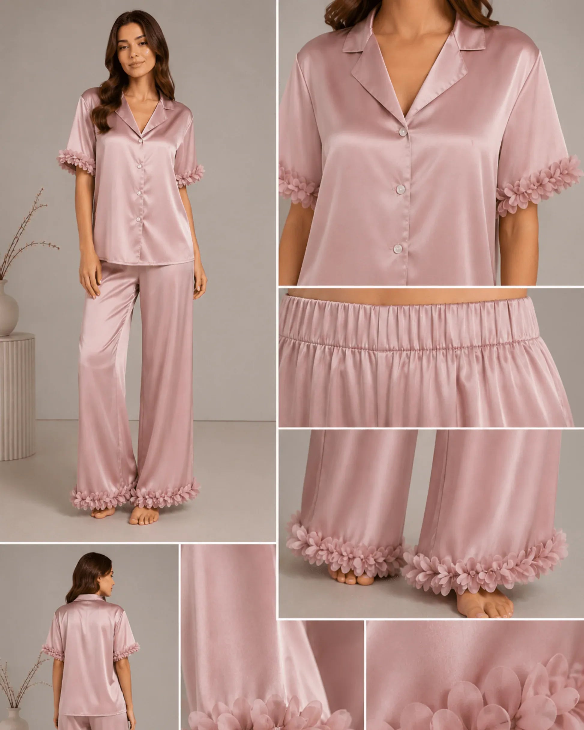 PYJAMA SATIN ROSE POUDRÉ À FINITIONS FLORALES - La Sprezzatura pyjamas