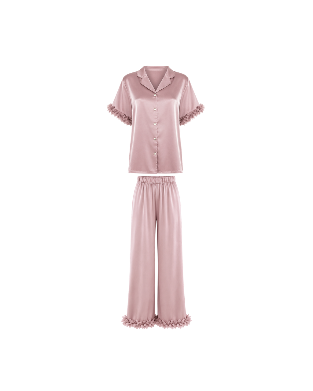 PYJAMA SATIN ROSE POUDRÉ À FINITIONS FLORALES