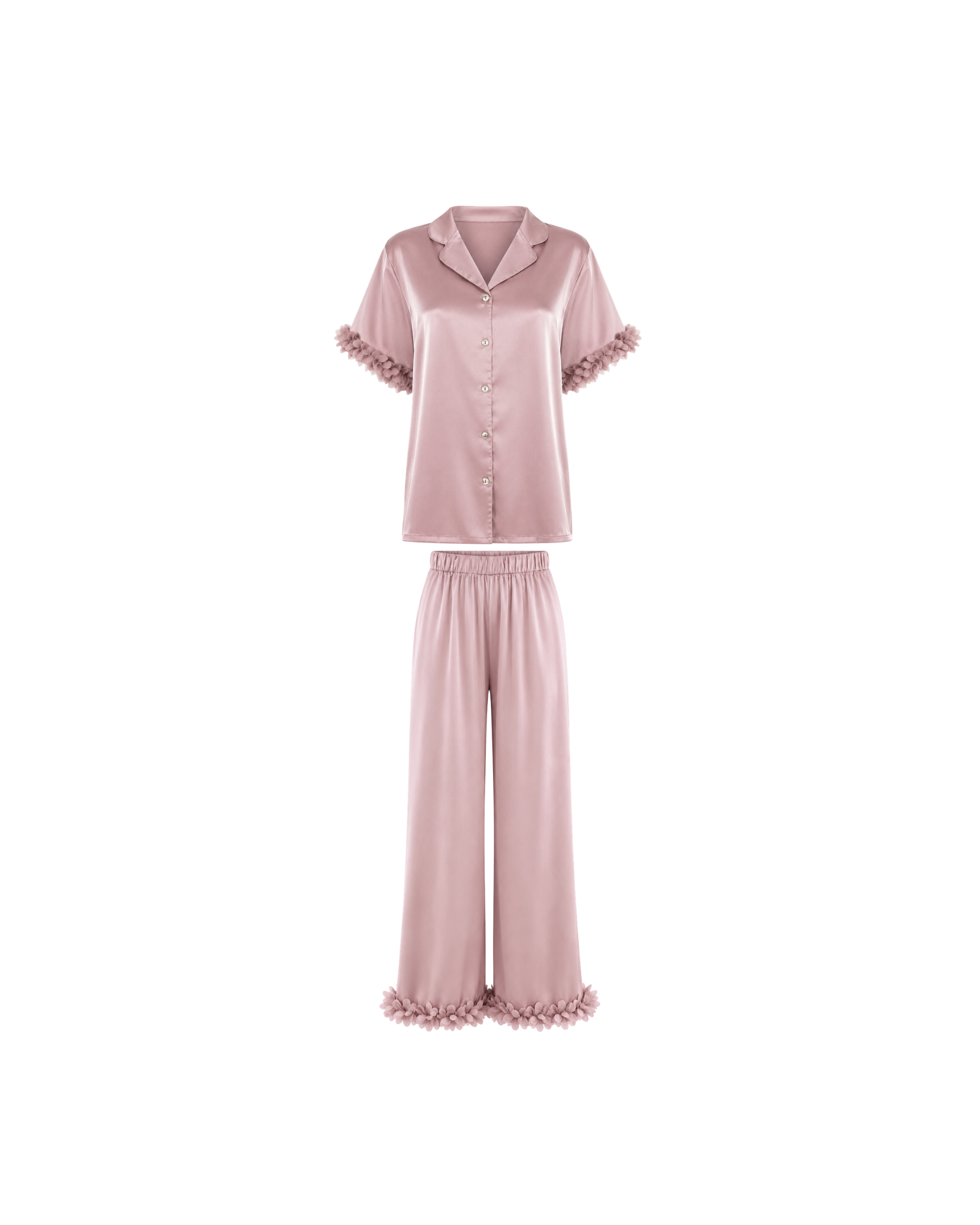 PYJAMA SATIN ROSE POUDRÉ À FINITIONS FLORALES