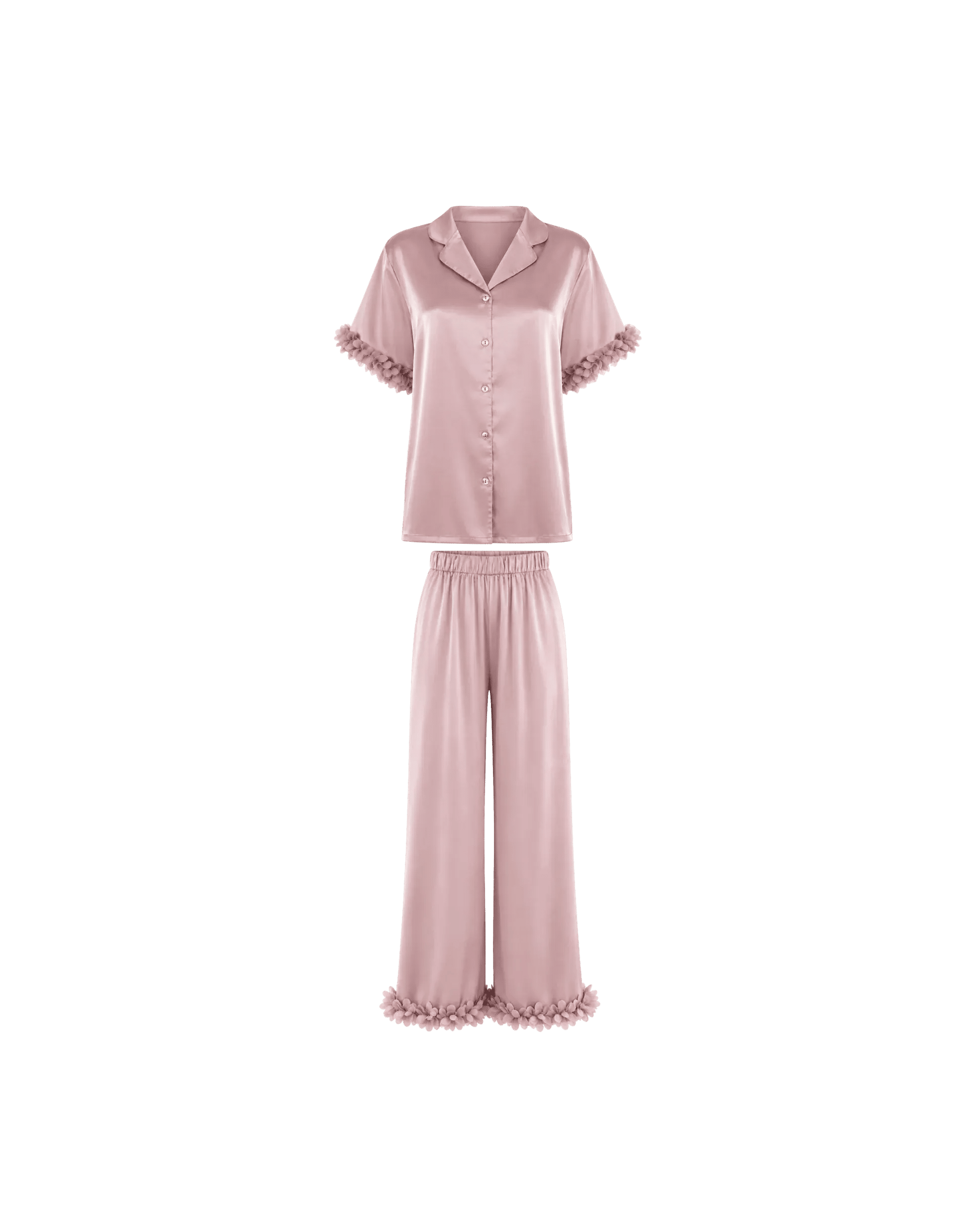 PYJAMA SATIN ROSE POUDRÉ À FINITIONS FLORALES - La Sprezzatura pyjamas