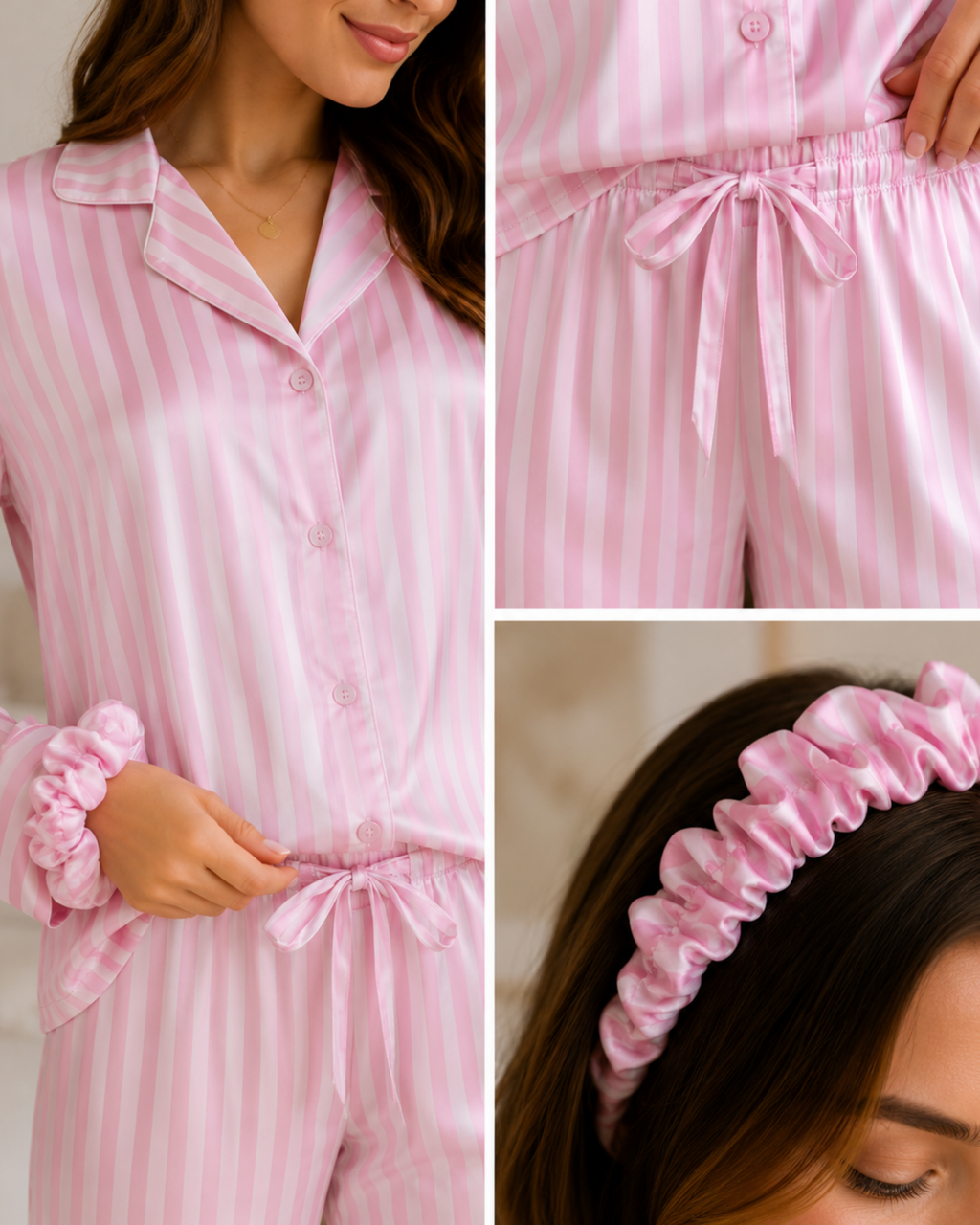 Pyjama Satin Rose Rayé Femme – Ensemble 3 Pièces Cocooning