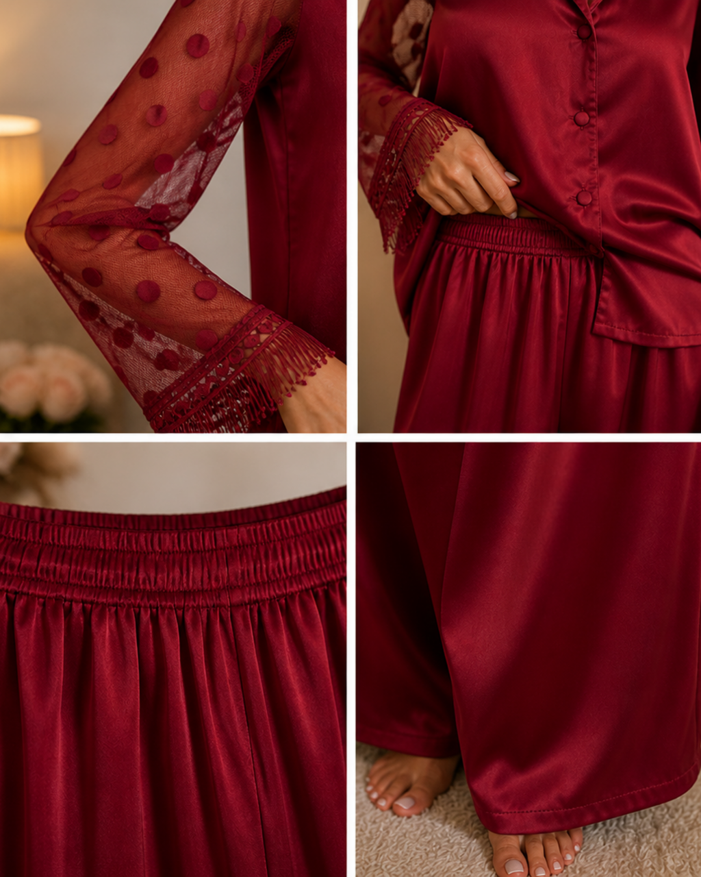 PYJAMA SATIN ROUGE BORDEAUX AVEC MANCHES TULLE – 2 PIÈCES
