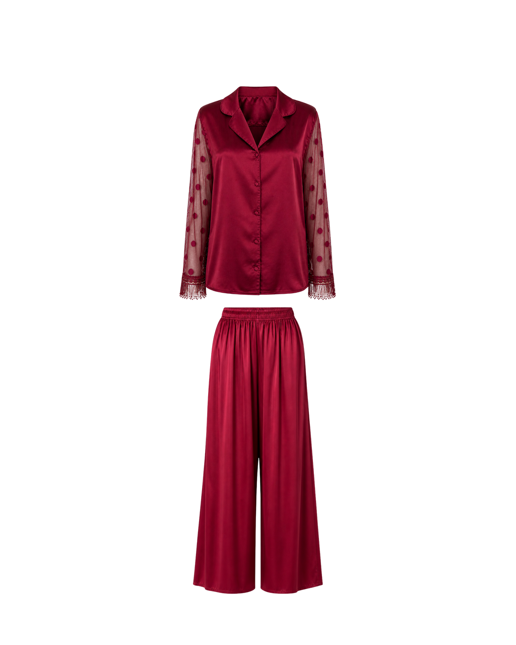 PYJAMA SATIN ROUGE BORDEAUX AVEC MANCHES TULLE – 2 PIÈCES