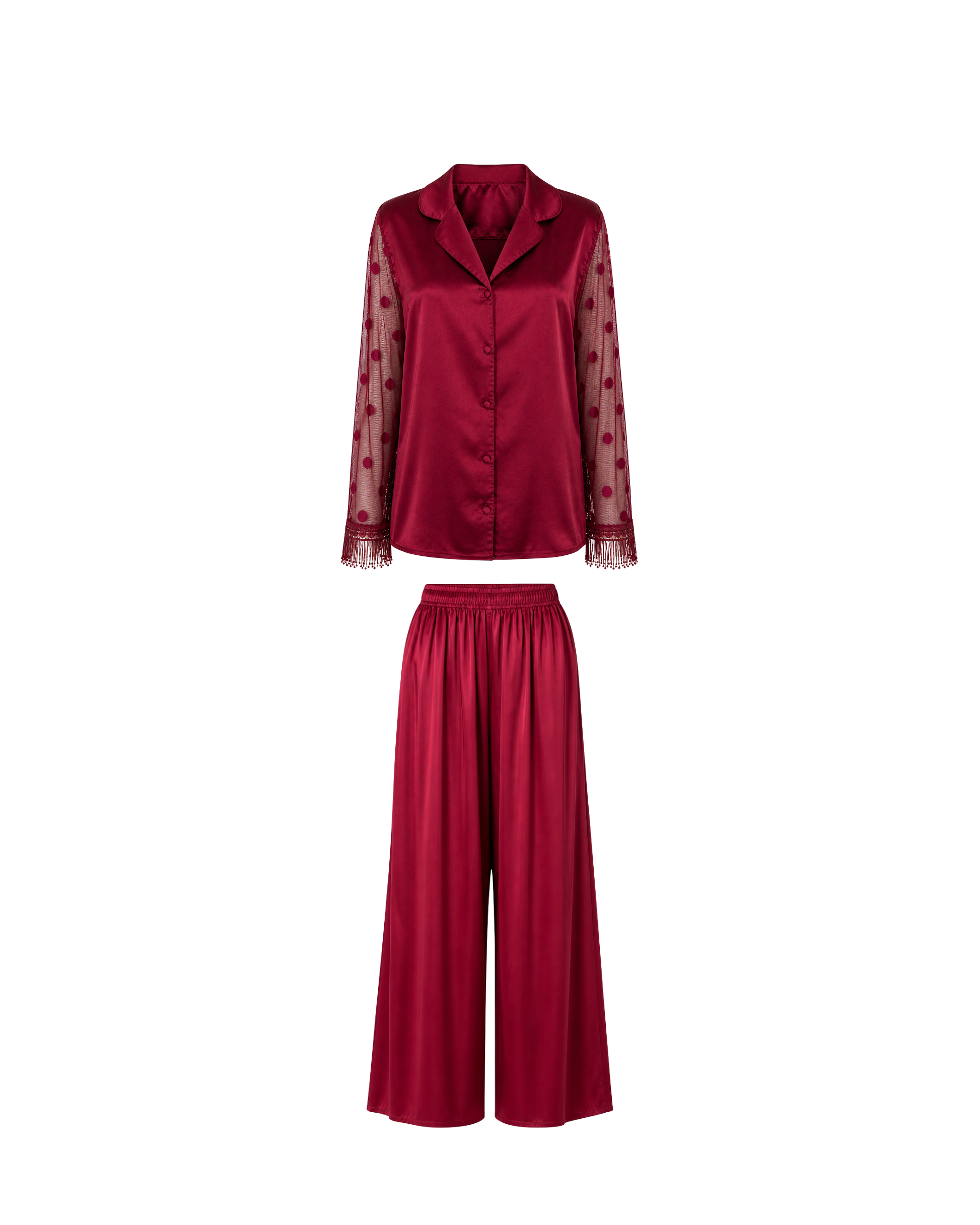 PYJAMA SATIN ROUGE BORDEAUX AVEC MANCHES TULLE – 2 PIÈCES