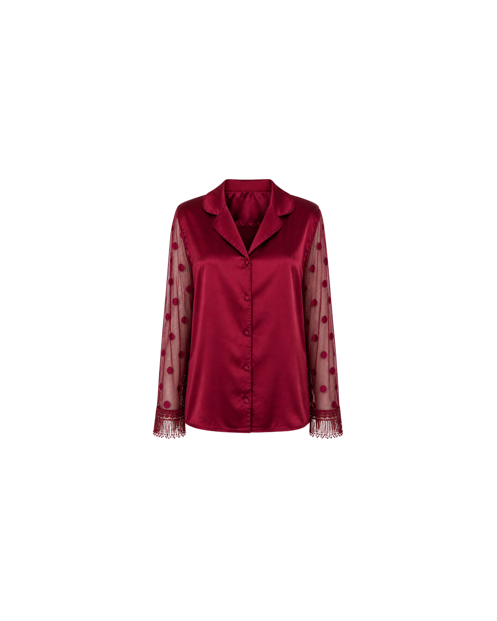 PYJAMA SATIN ROUGE BORDEAUX AVEC MANCHES TULLE – 2 PIÈCES