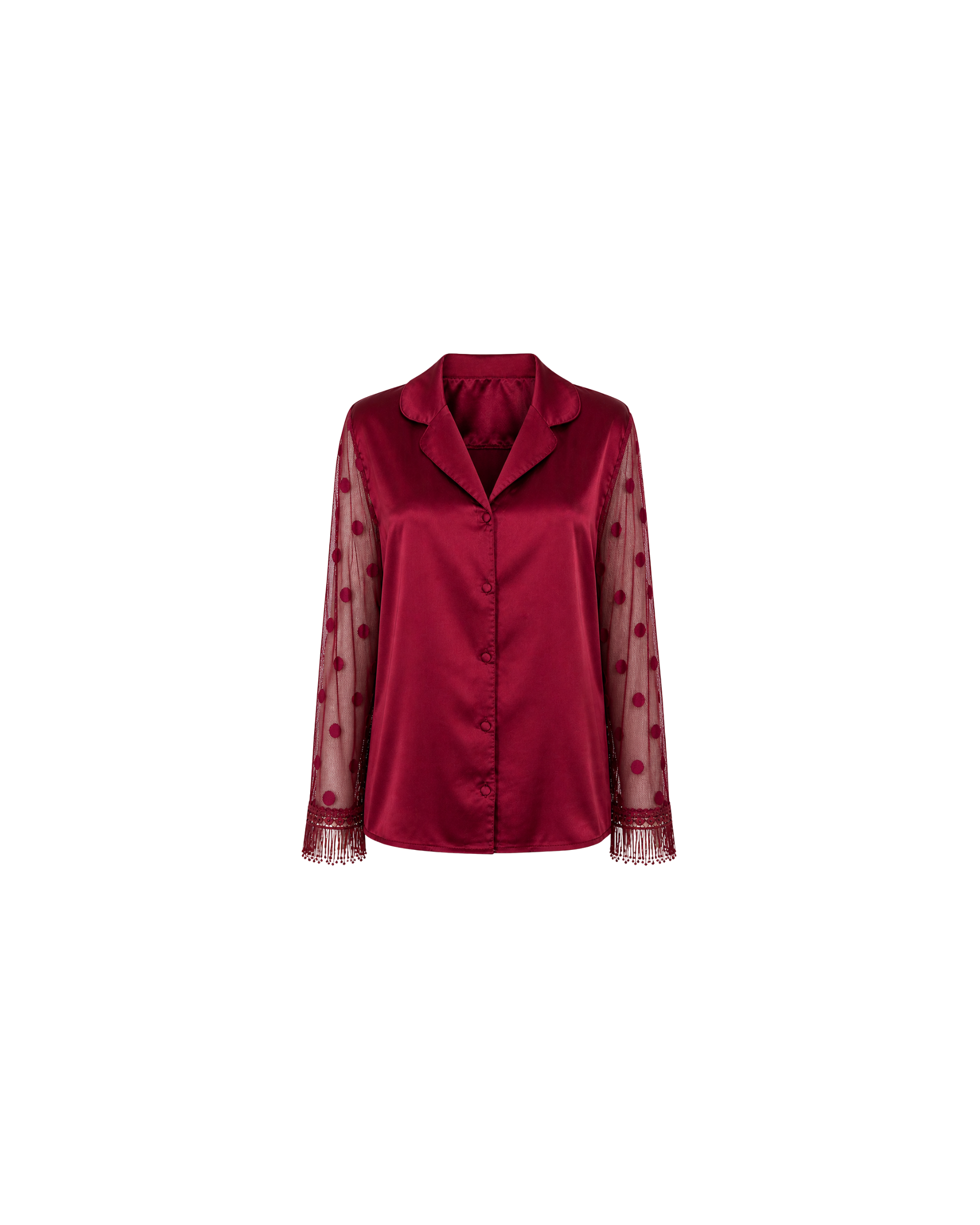 PYJAMA SATIN ROUGE BORDEAUX AVEC MANCHES TULLE – 2 PIÈCES