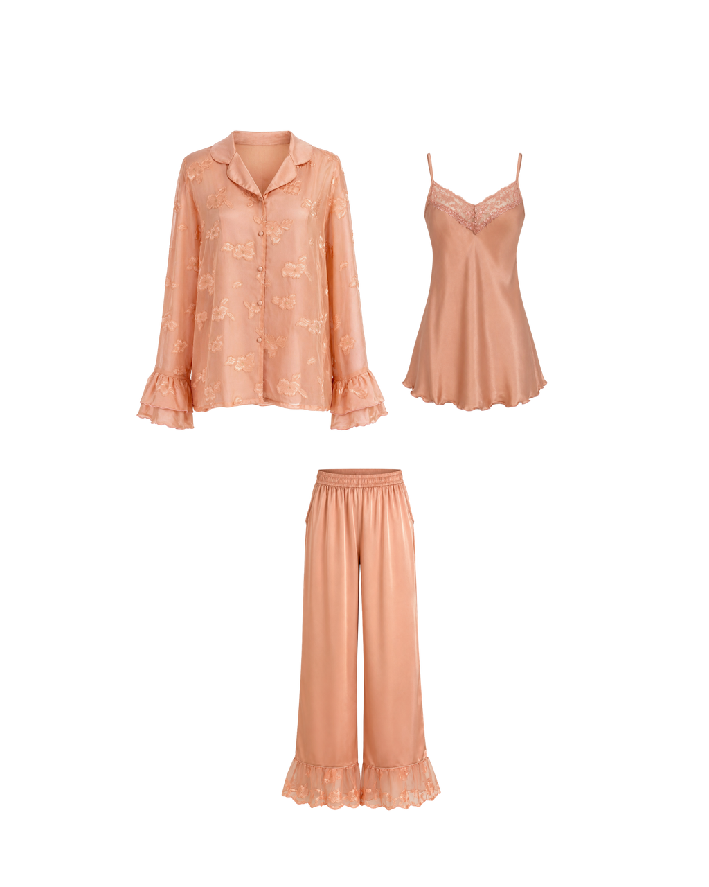 PYJAMA SATIN SAUMON 3 PIÈCES ÉLÉGANCE FÉMININE