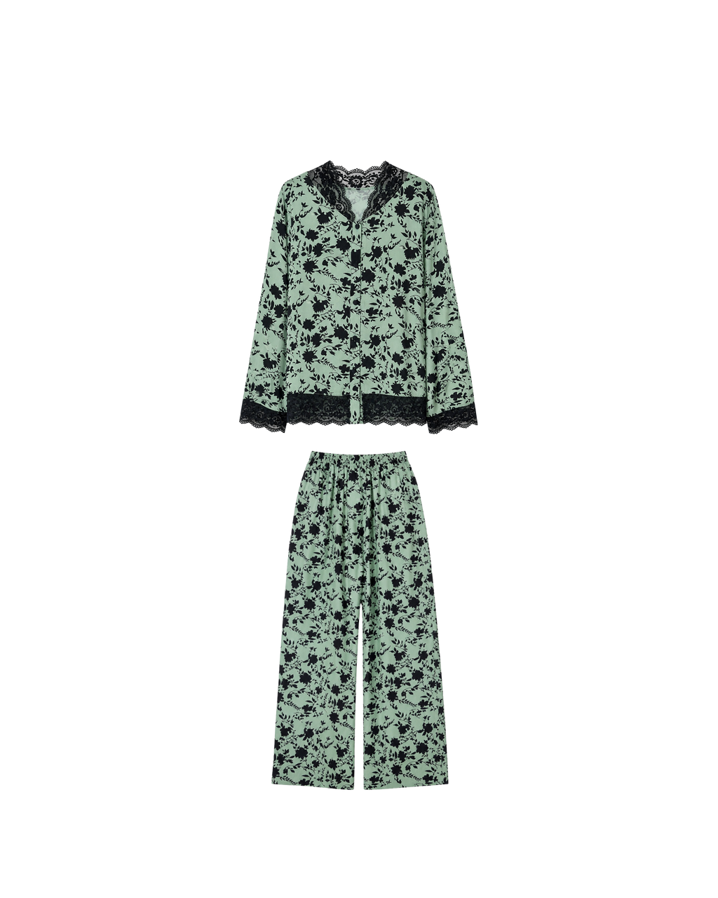 PYJAMA SATIN VERT FLEURI & DENTELLE – ENSEMBLE 2 PIÈCES FEMME