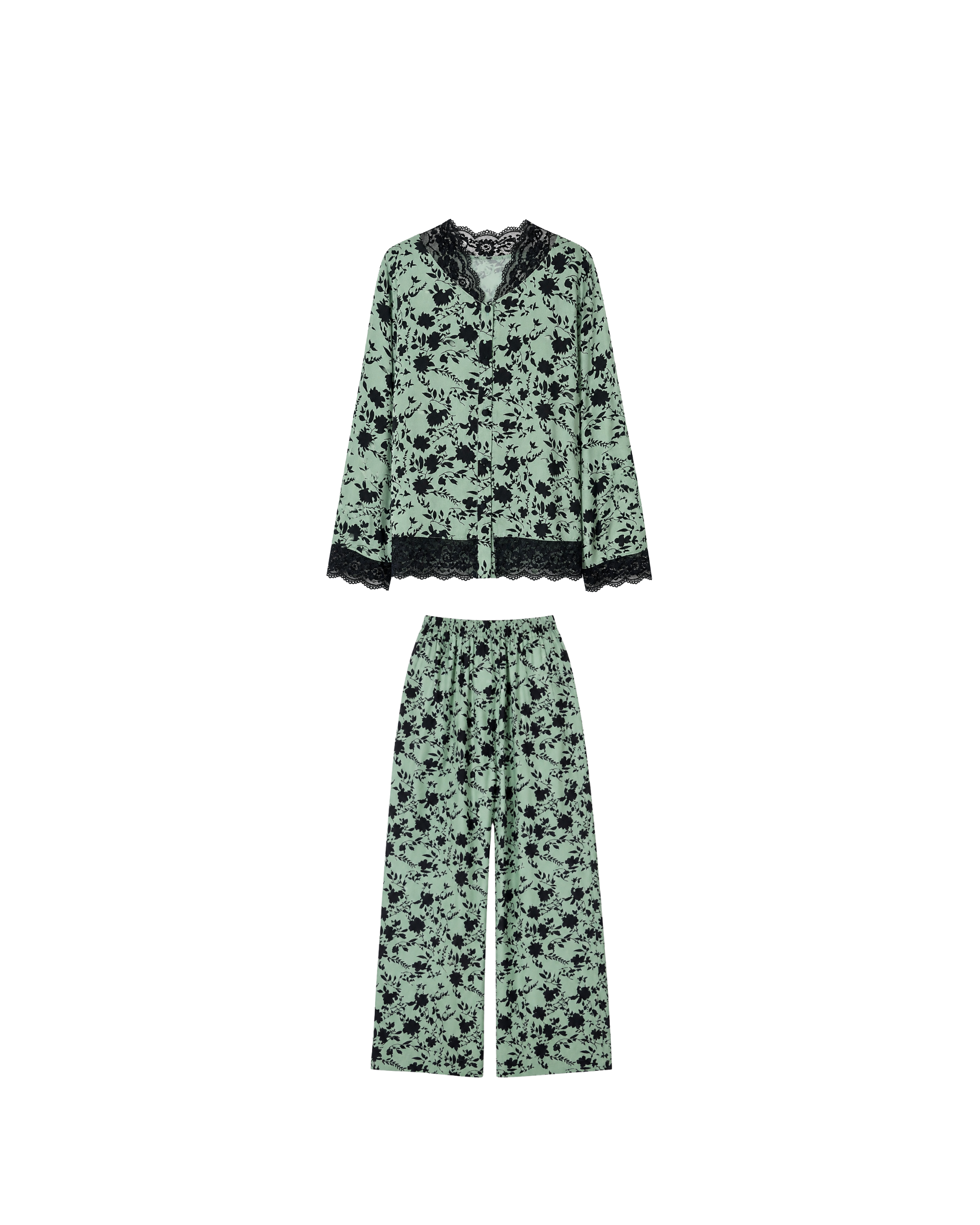 PYJAMA SATIN VERT FLEURI & DENTELLE – ENSEMBLE 2 PIÈCES FEMME
