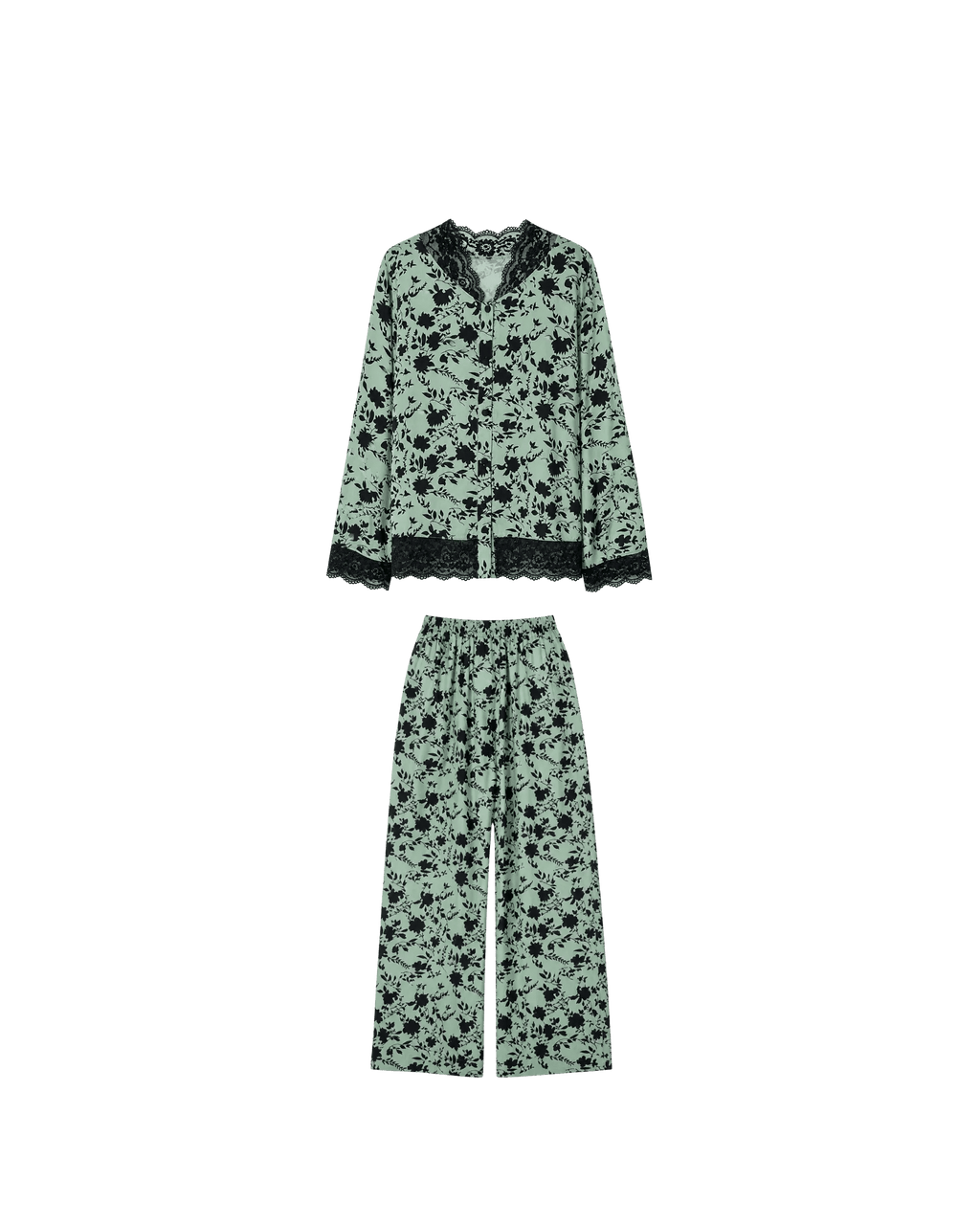 PYJAMA SATIN VERT FLEURI & DENTELLE – ENSEMBLE 2 PIÈCES FEMME - La Sprezzatura pyjamas