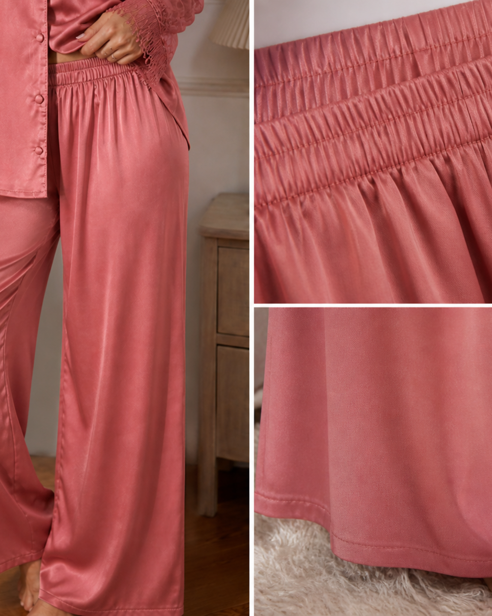 PYJAMA SATIN ROSE FEMME – ENSEMBLE 2 PIÈCES ÉLÉGANT AVEC MANCHES TRANSPARENTES