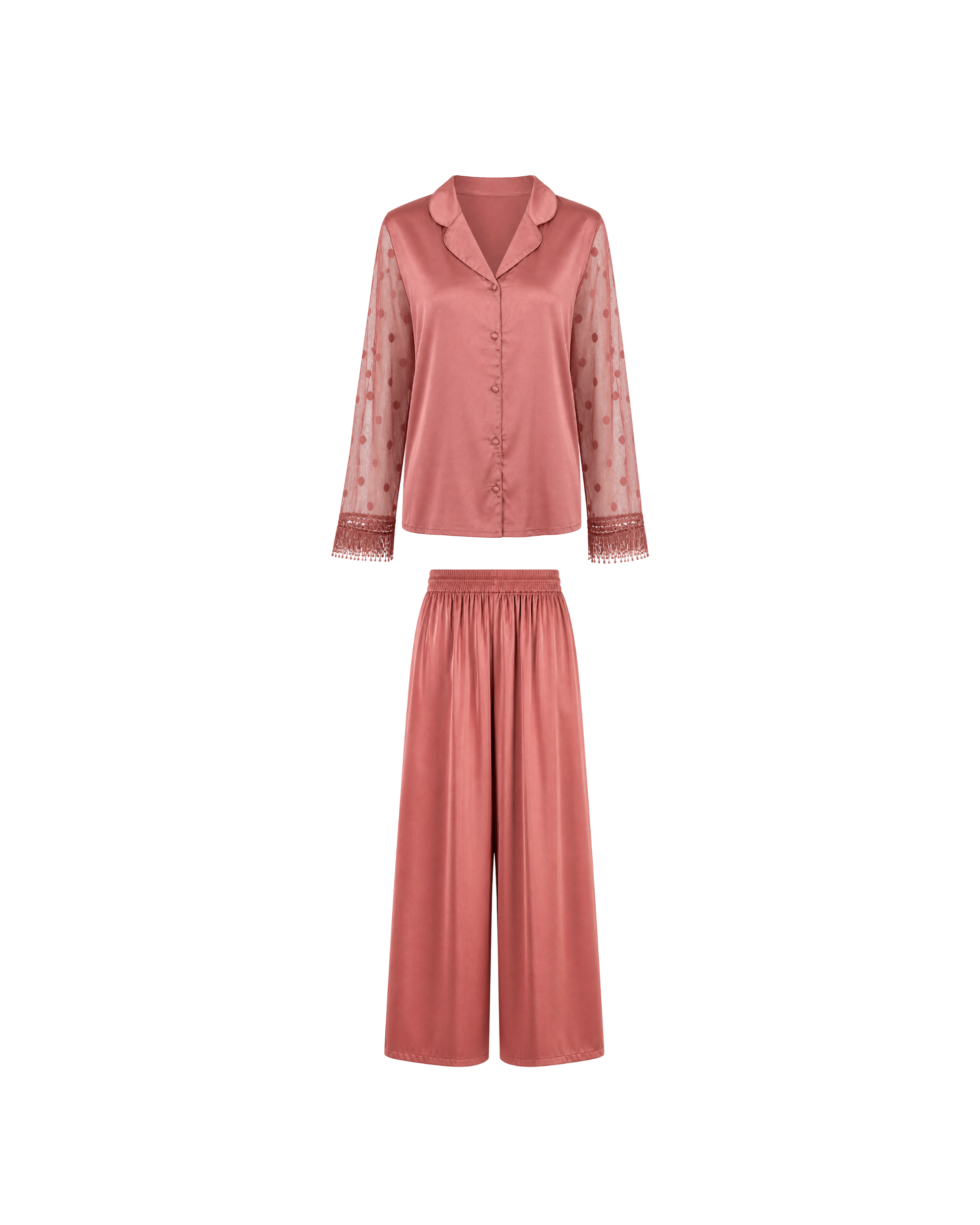 PYJAMA SATIN ROSE FEMME – ENSEMBLE 2 PIÈCES ÉLÉGANT AVEC MANCHES TRANSPARENTES