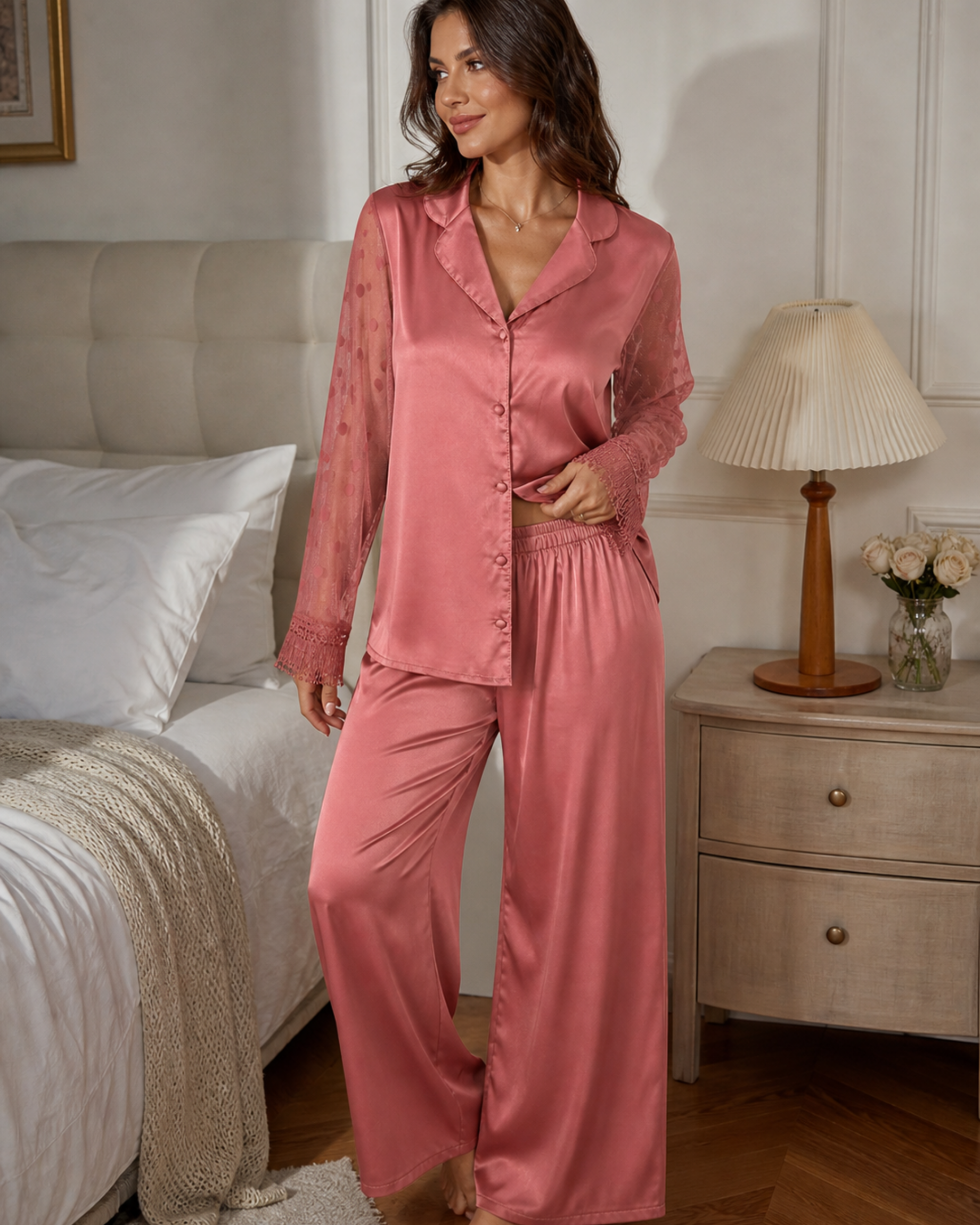 PYJAMA SATIN ROSE FEMME – ENSEMBLE 2 PIÈCES ÉLÉGANT AVEC MANCHES TRANSPARENTES