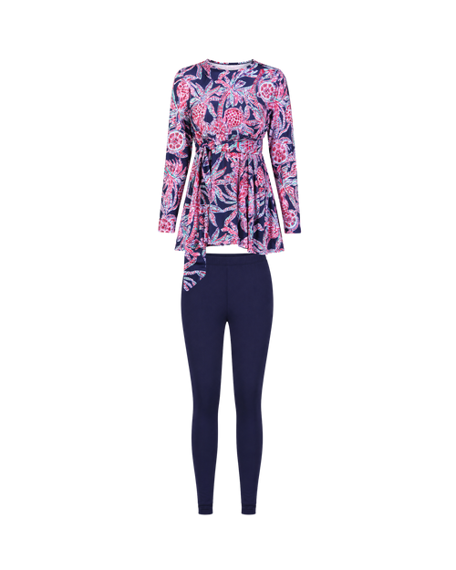 BURKINI FEMME BLEU MARINE IMPRIMÉ FLORAL ROSE 3 PIÈCES AVEC BONNET
