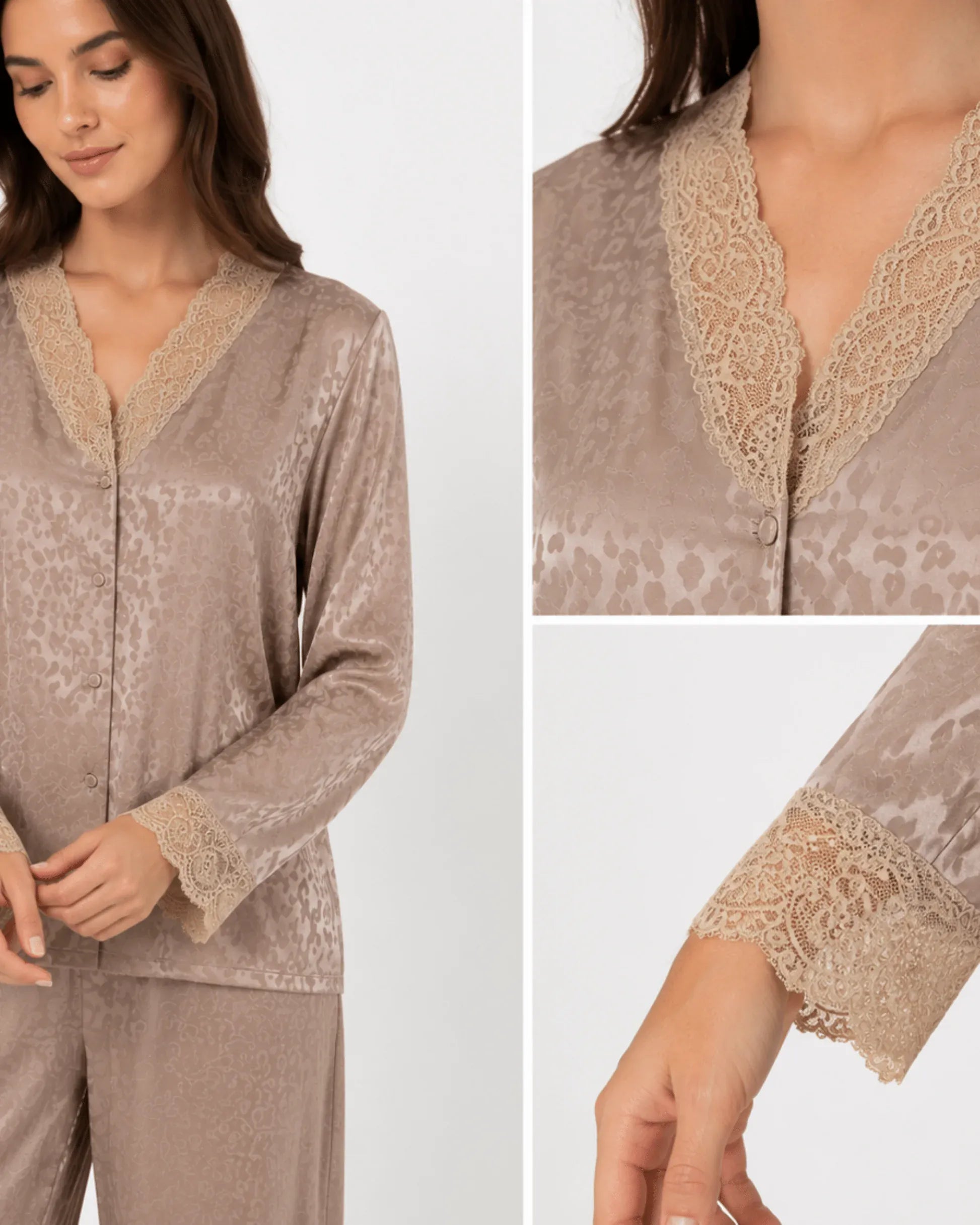 Pyjama Satin Taupe Dentelle Femme - La Sprezzatura pyjamas