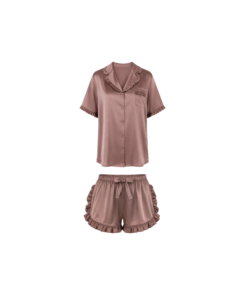 Pyjama Satin Taupe Rosé Volants Élégance