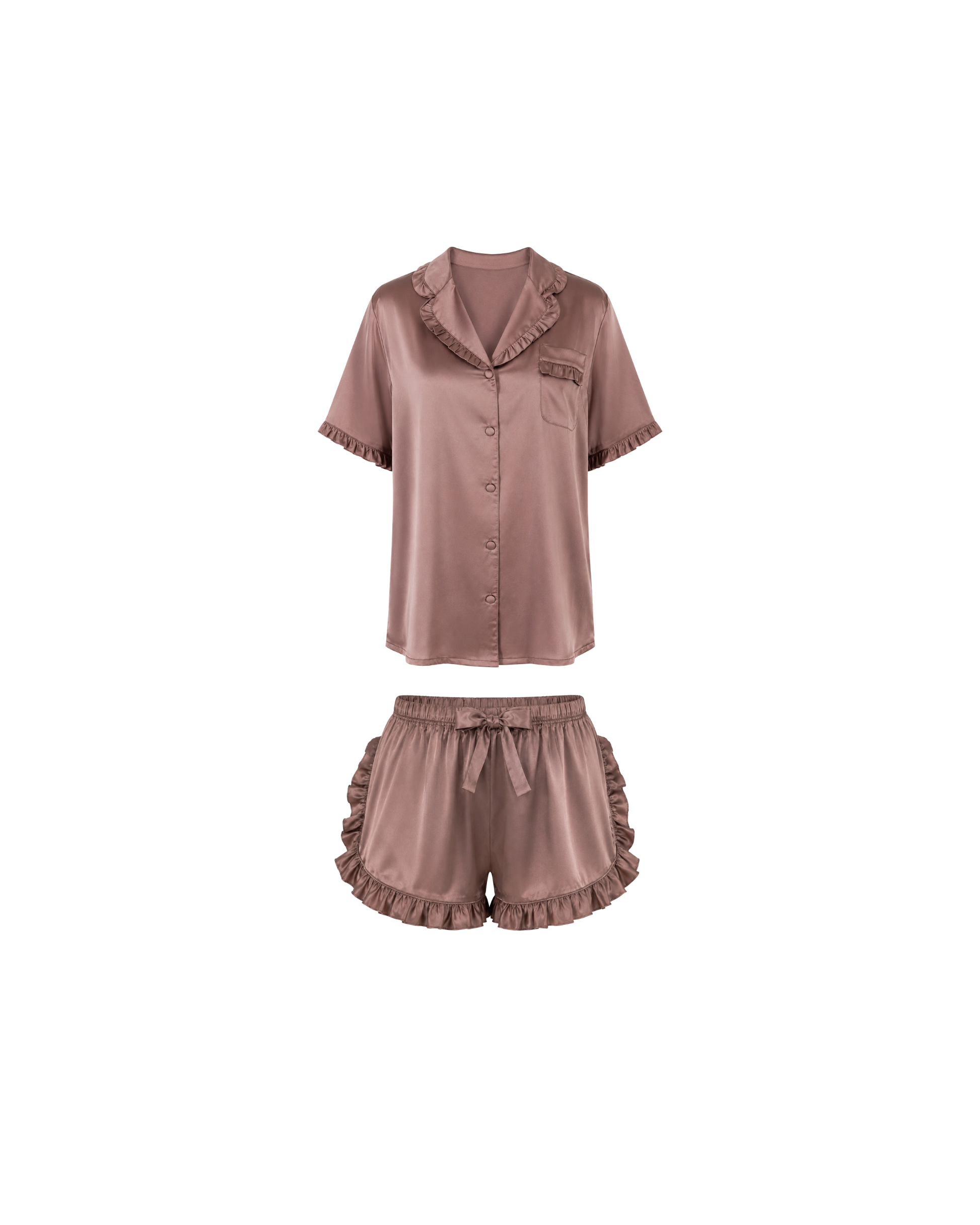 Pyjama Satin Taupe Rosé Volants Élégance