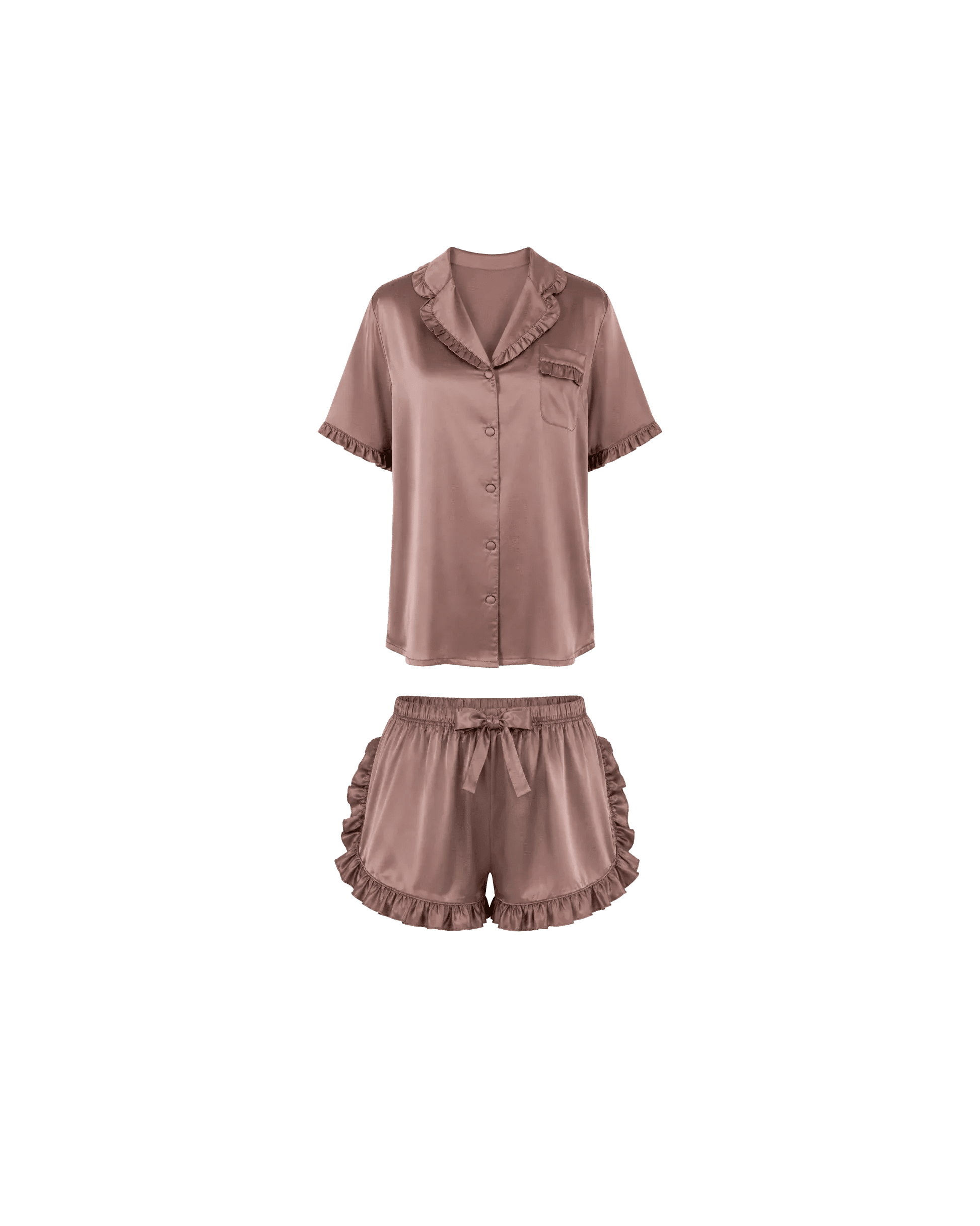 Pyjama Satin Taupe Rosé Volants Élégance - La Sprezzatura pyjamas