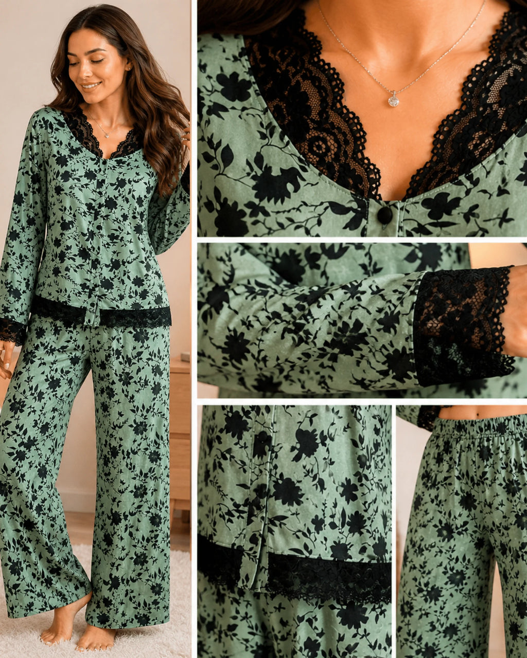 PYJAMA SATIN VERT FLEURI & DENTELLE – ENSEMBLE 2 PIÈCES FEMME - La Sprezzatura pyjamas