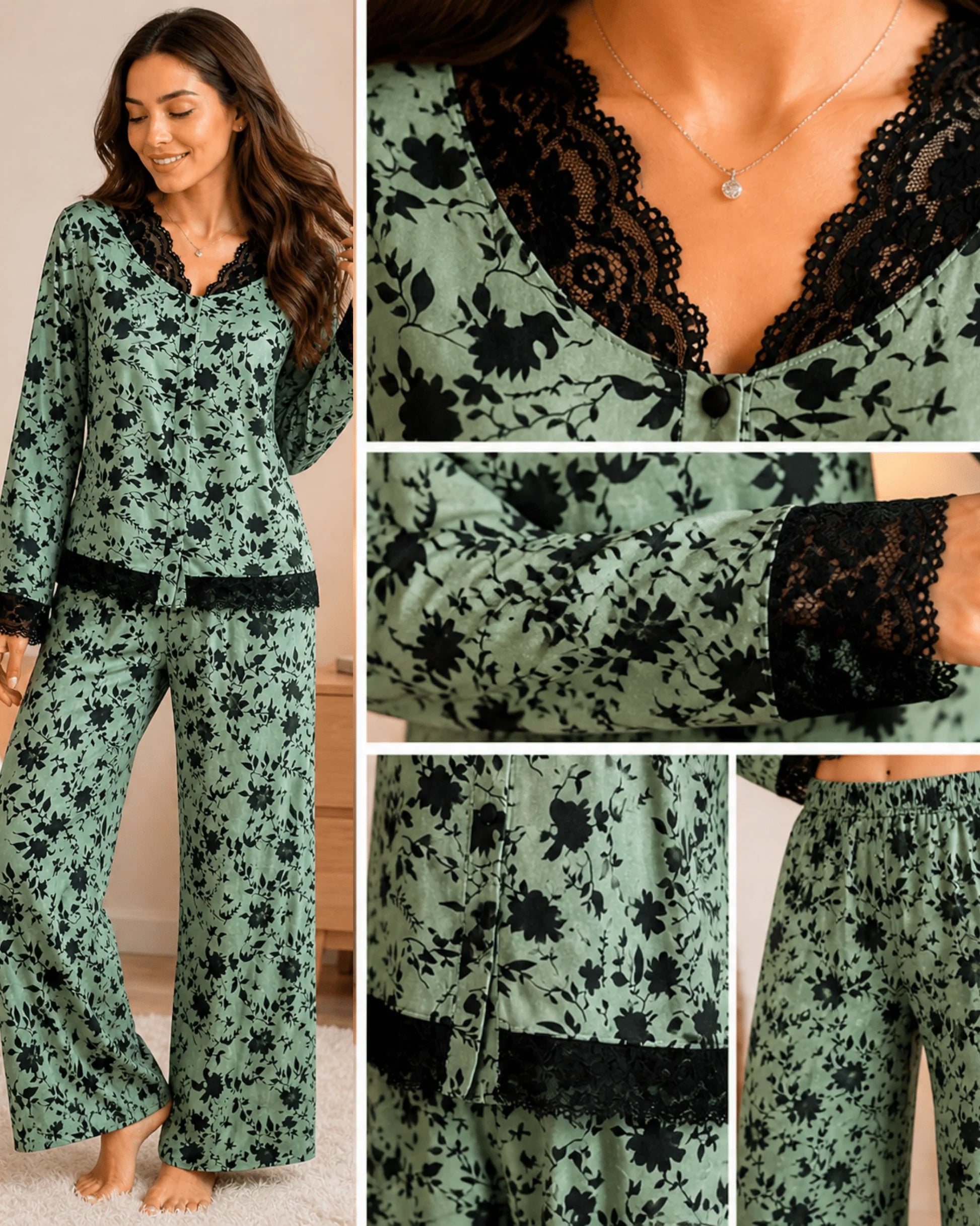 PYJAMA SATIN VERT FLEURI & DENTELLE – ENSEMBLE 2 PIÈCES FEMME - La Sprezzatura pyjamas