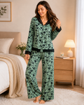 PYJAMA SATIN VERT FLEURI & DENTELLE – ENSEMBLE 2 PIÈCES FEMME