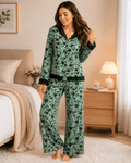PYJAMA SATIN VERT FLEURI & DENTELLE – ENSEMBLE 2 PIÈCES FEMME - La Sprezzatura pyjamas