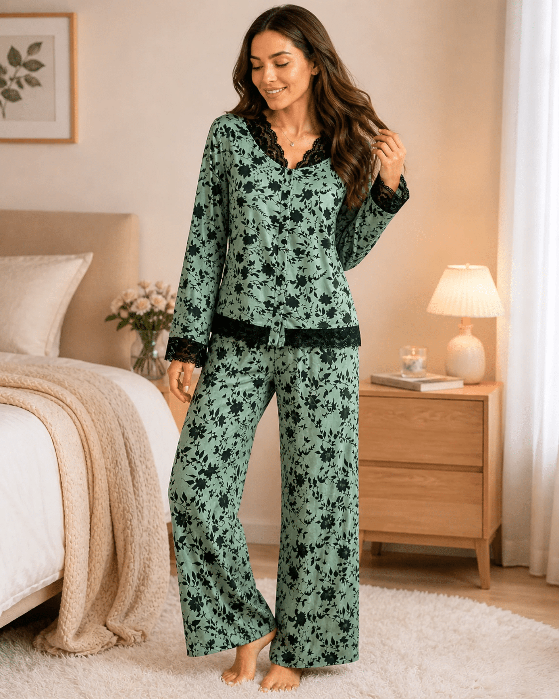 PYJAMA SATIN VERT FLEURI & DENTELLE – ENSEMBLE 2 PIÈCES FEMME - La Sprezzatura pyjamas