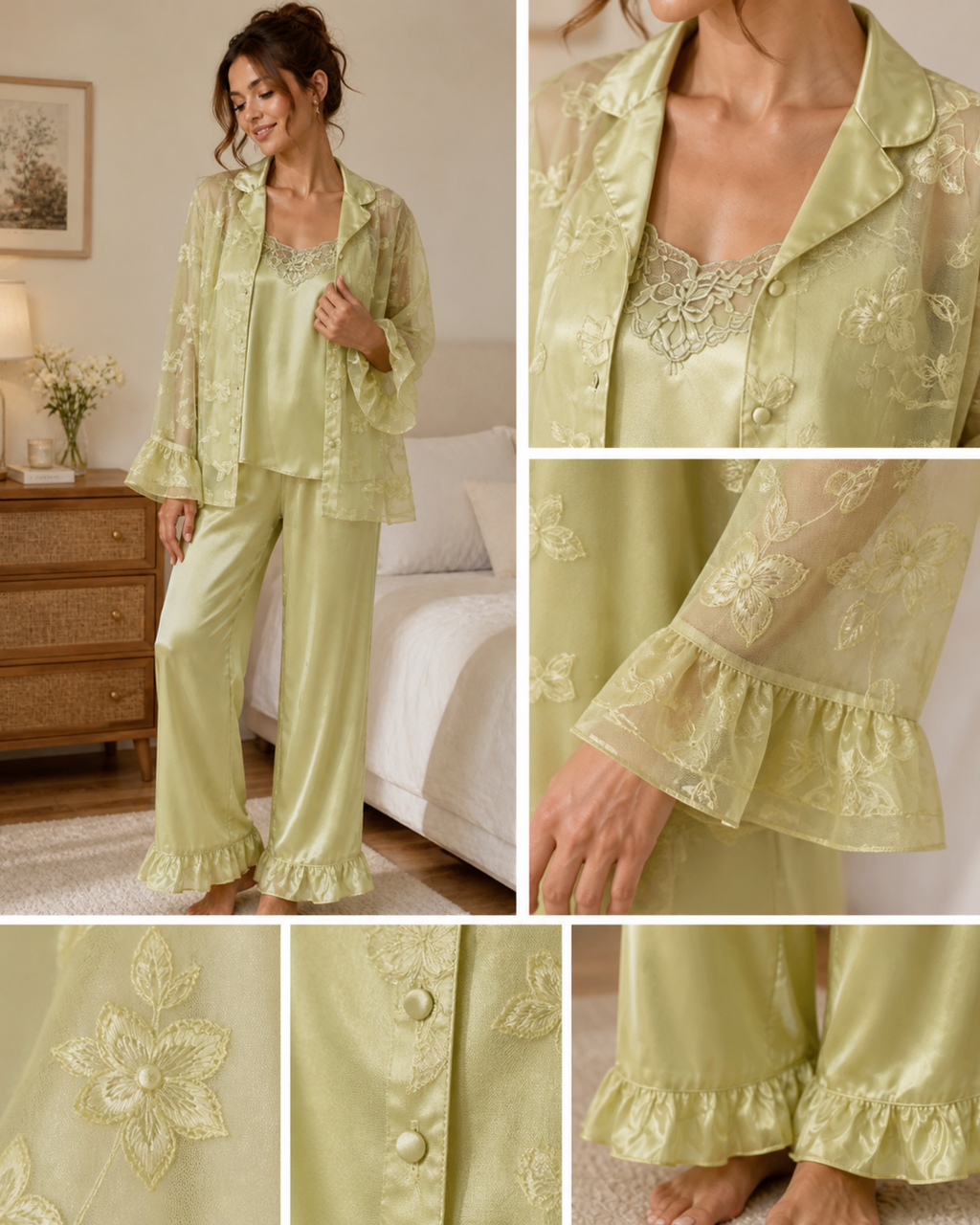 PYJAMA SATIN VERT PISTACHE 3 PIÈCES – NUISETTE, PANTALON & KIMONO DENTELLE