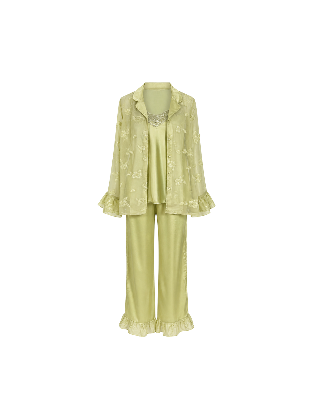 PYJAMA SATIN VERT PISTACHE 3 PIÈCES – NUISETTE, PANTALON & KIMONO DENTELLE