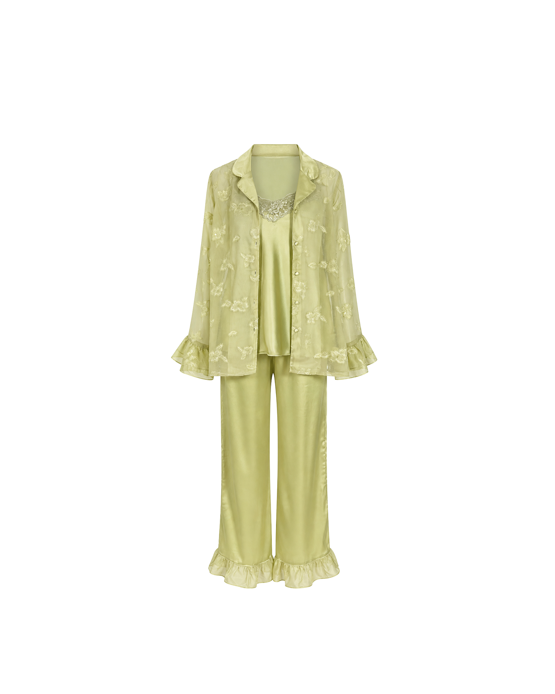 PYJAMA SATIN VERT PISTACHE 3 PIÈCES – NUISETTE, PANTALON & KIMONO DENTELLE