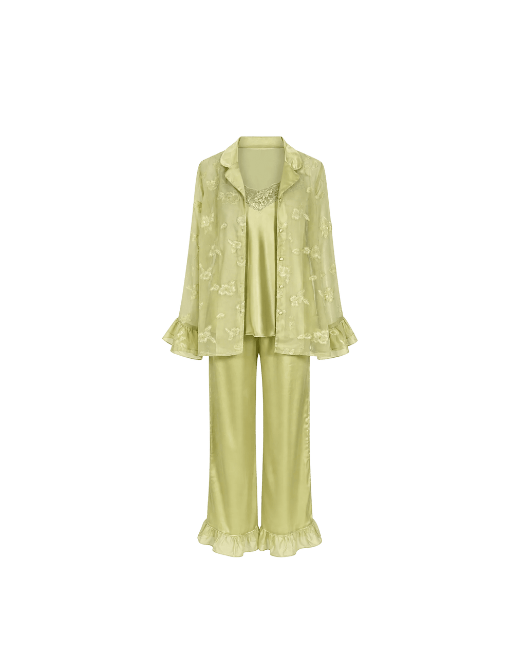 PYJAMA SATIN VERT PISTACHE 3 PIÈCES – NUISETTE, PANTALON & KIMONO DENTELLE - La Sprezzatura pyjamas